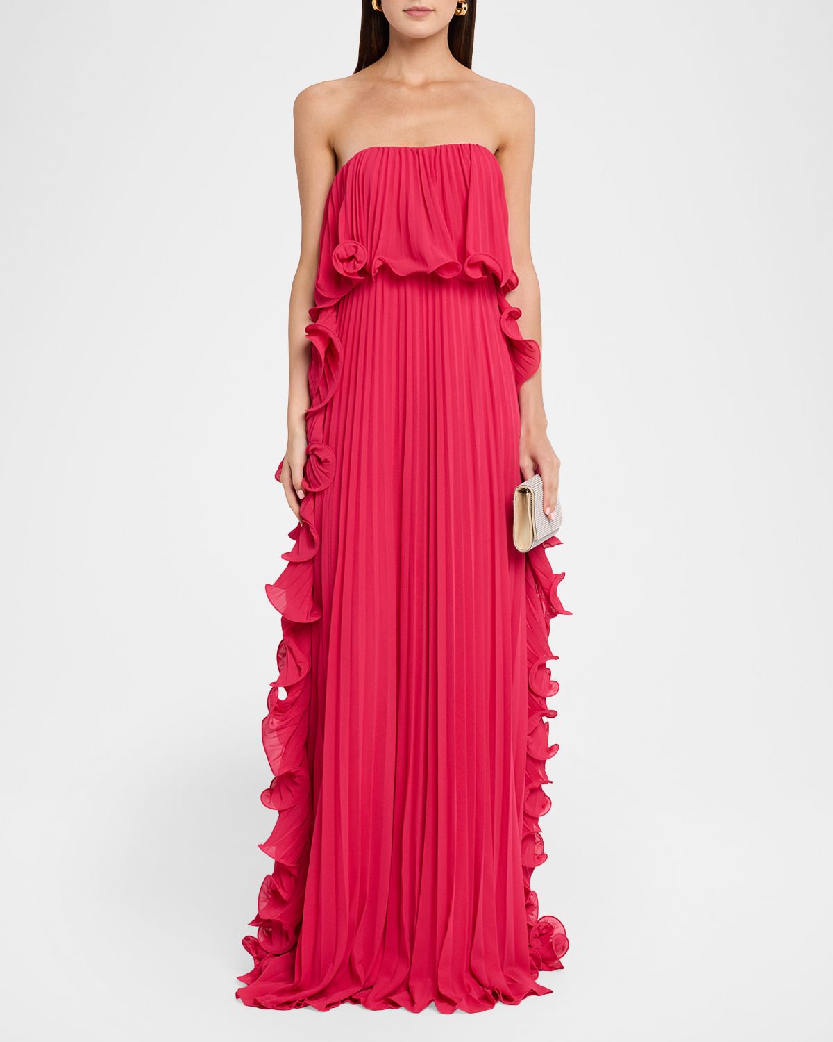 Badgley Mischka Strapless Ruffle-Trim Pleated Chiffon Gown