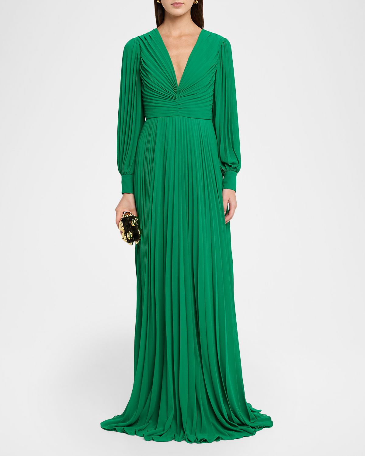 Badgley Mischka Pleated Blouson-Sleeve Georgette Gown