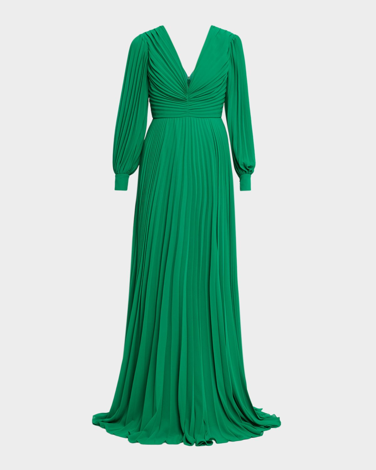 Badgley Mischka Pleated Blouson-Sleeve Georgette Gown