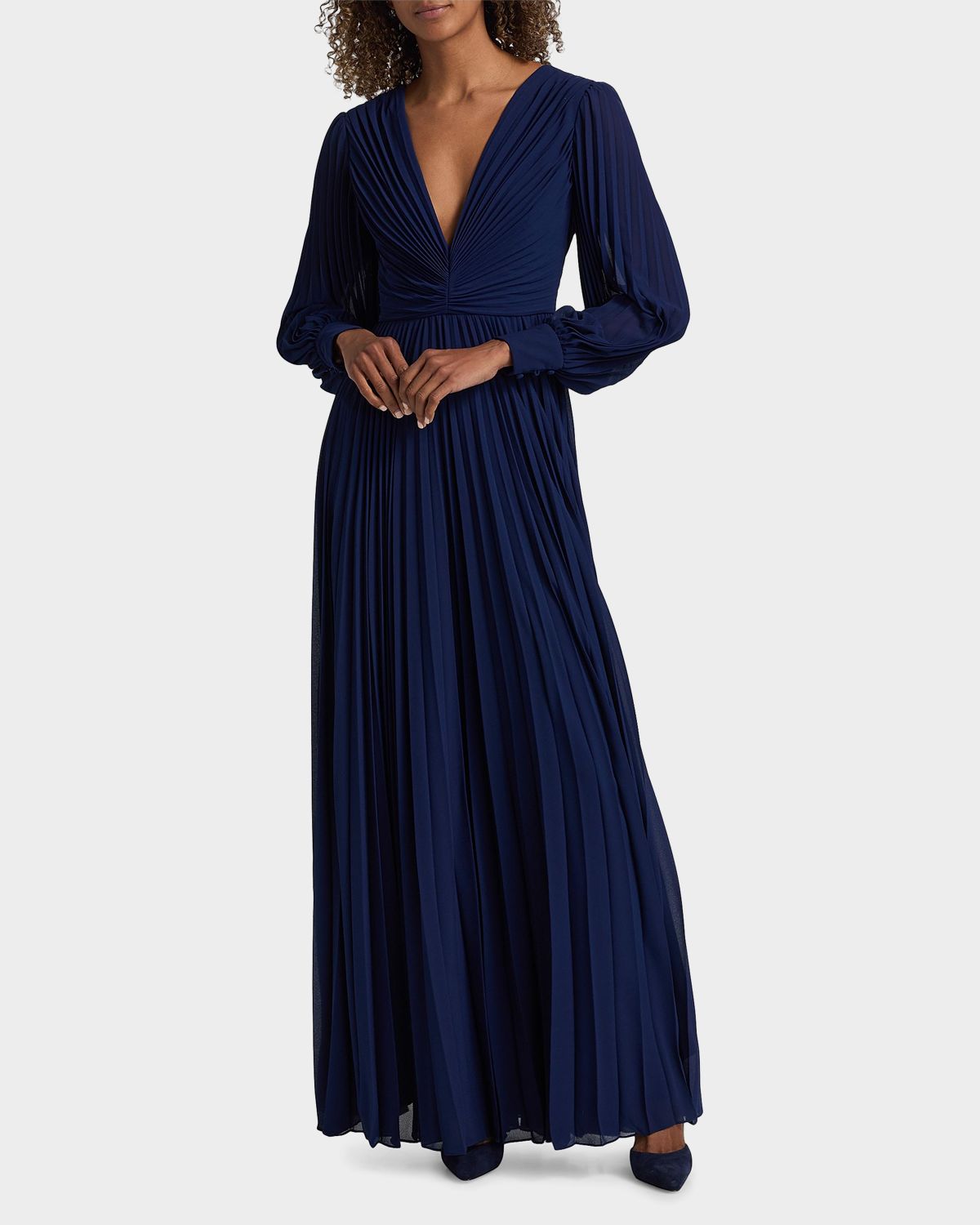 Badgley Mischka Pleated Blouson-Sleeve Georgette Gown | Thumbnail 7