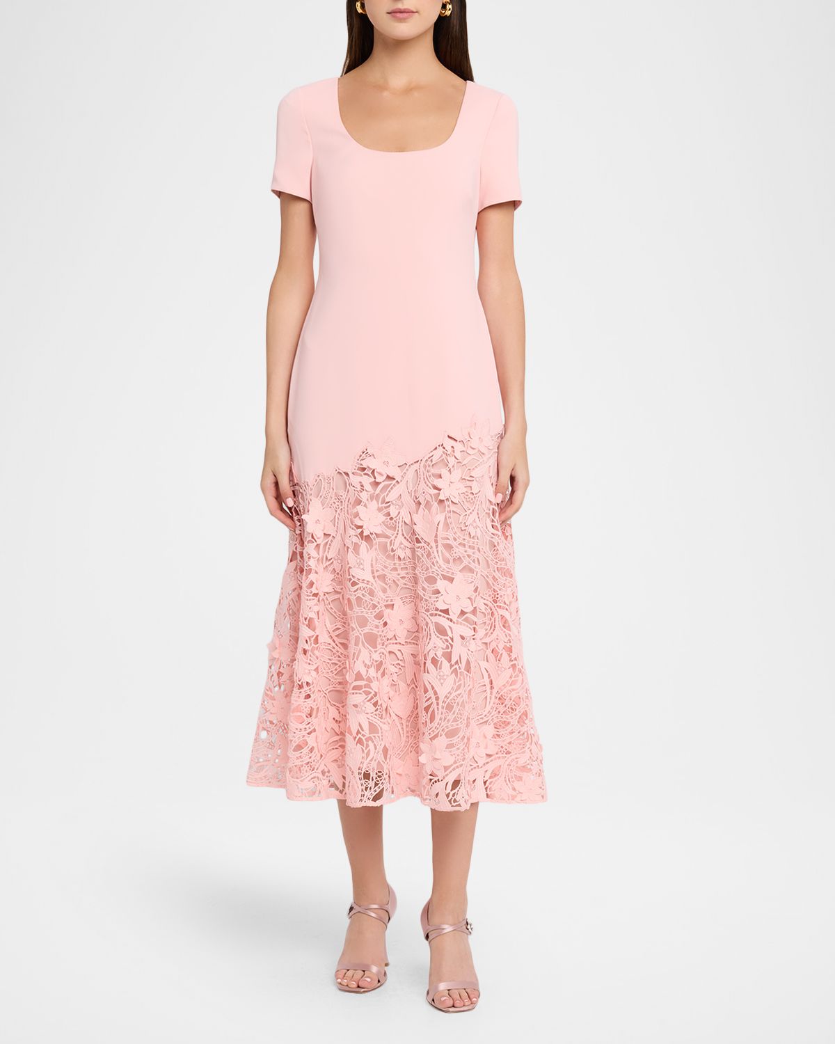 Badgley Mischka Drop-Waist Crepe & Lace Midi Dress