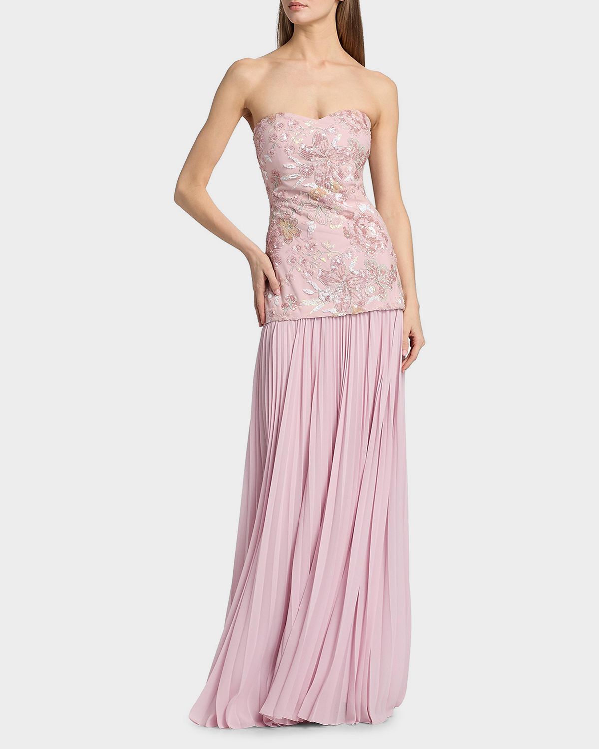 Badgley Mischka Strapless Beaded Bodice Dropwaist Gown