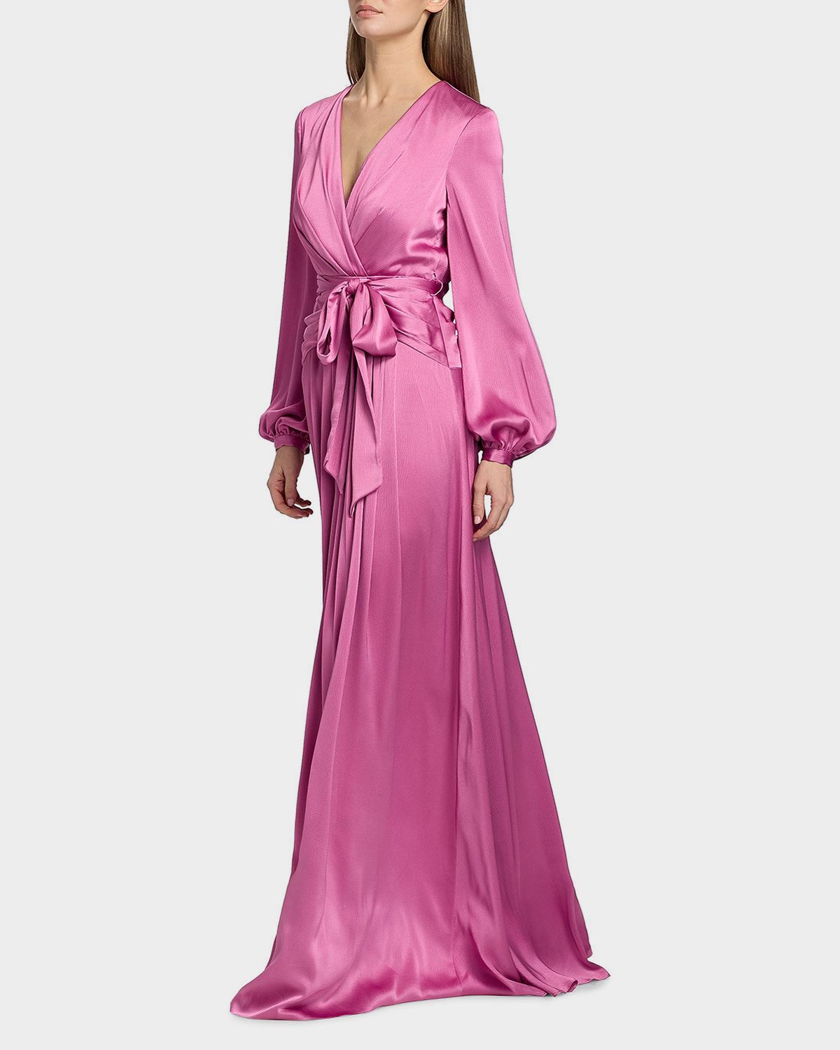 Badgley Mischka Satin Faux-Wrap Long Sleeve Gown