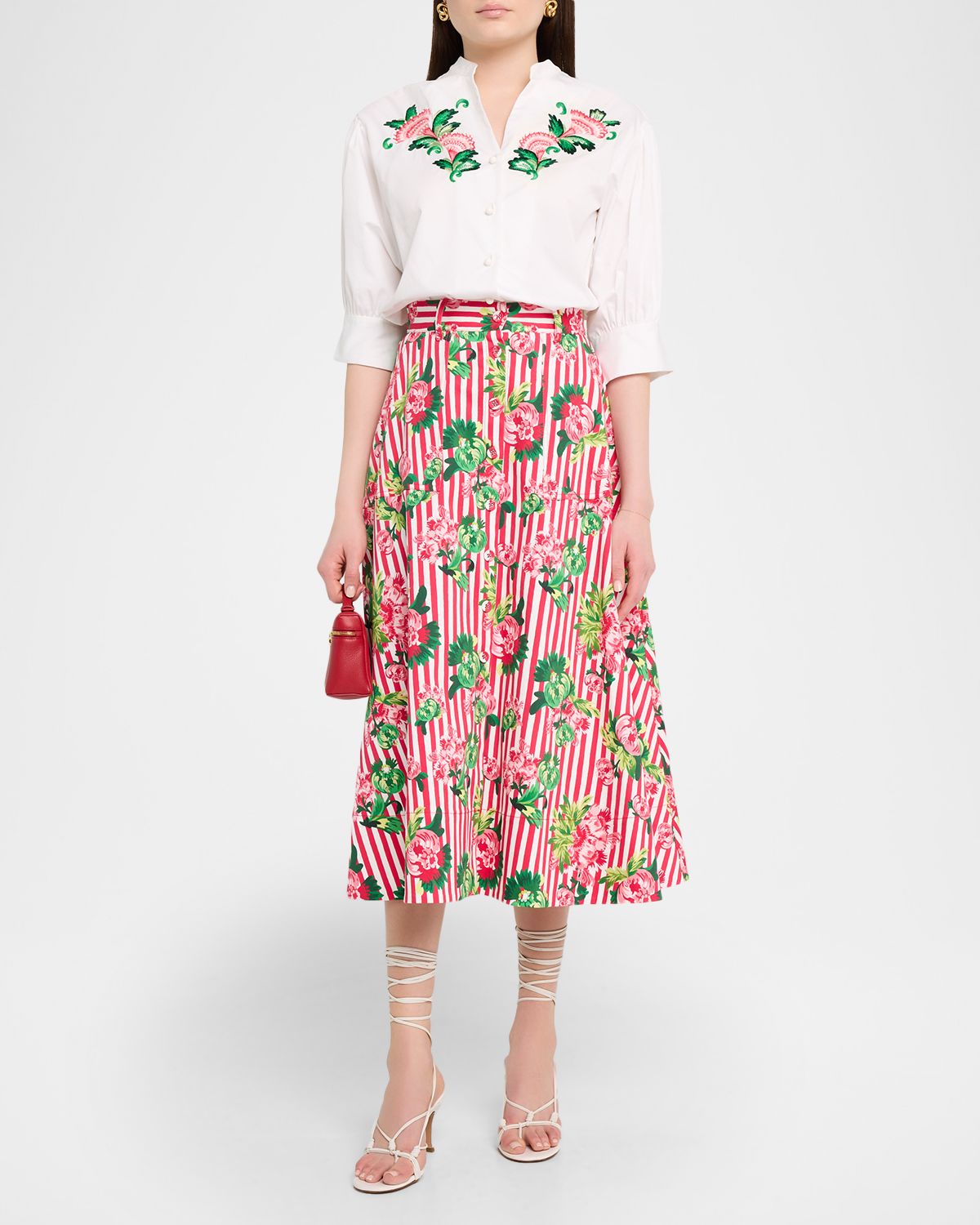 Saloni Kali-C Floral Stripe A-Line Midi Skirt