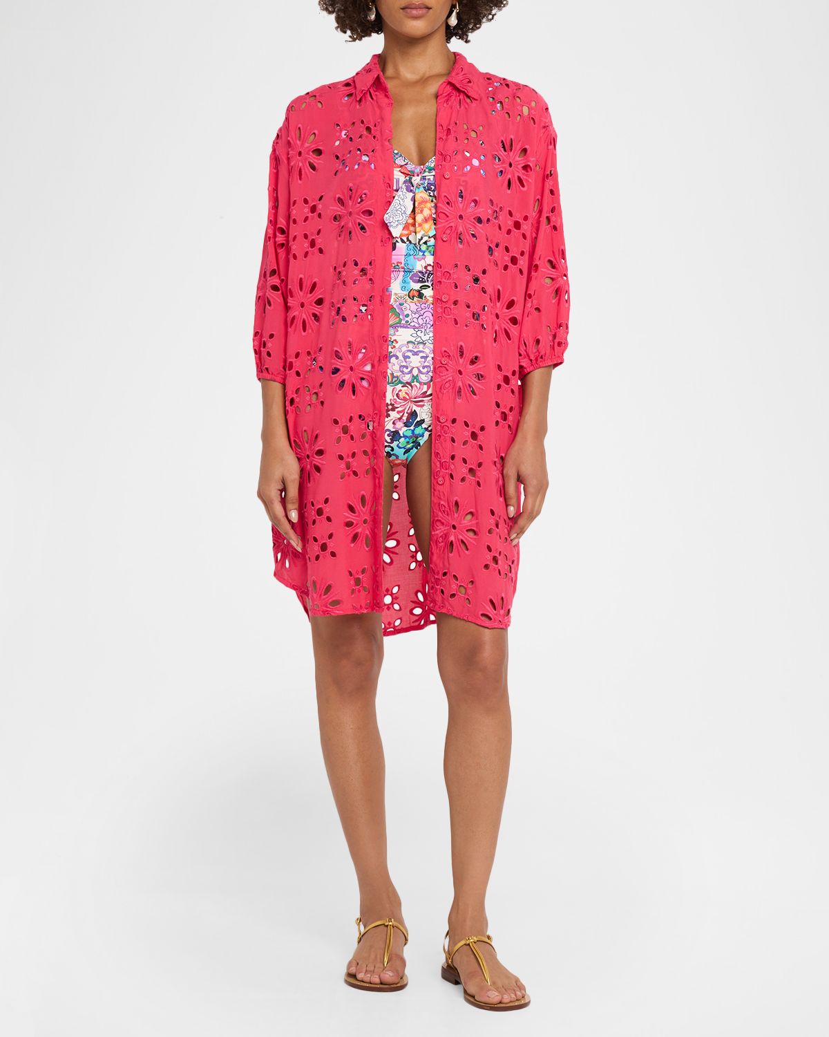 Johnny Was Floral Eyelet Shirtdress Coverup
