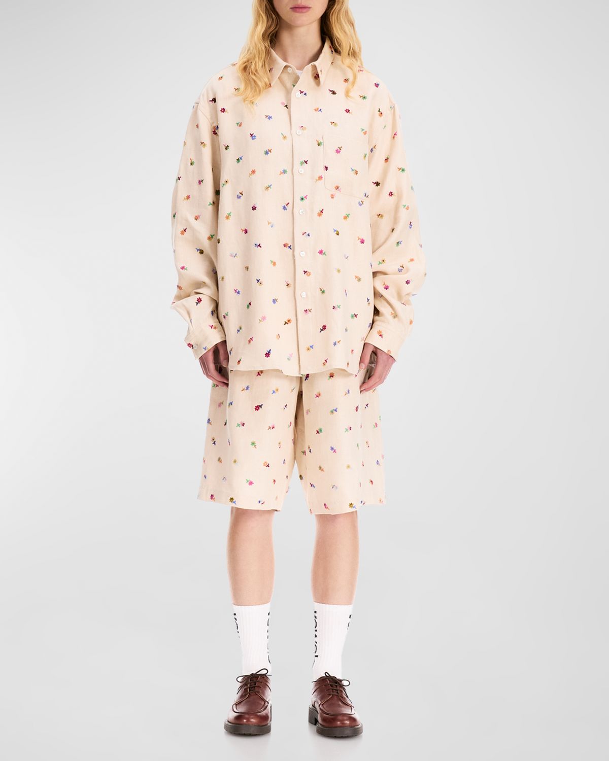 vowels Men 's Linen Blend Floral Embroidered Button-Down Shirt