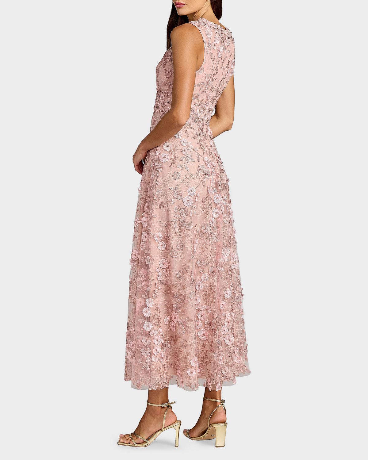 Mac Duggal Floral Embroidered Round-Neck Midi-Dress