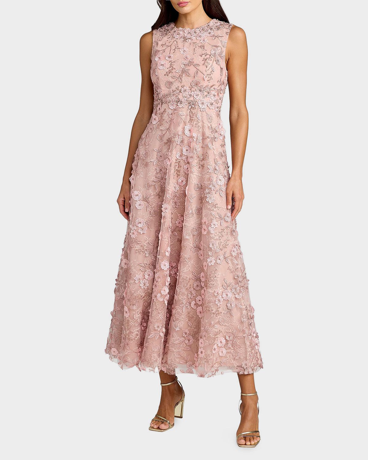 Mac Duggal Floral Embroidered Round-Neck Midi-Dress