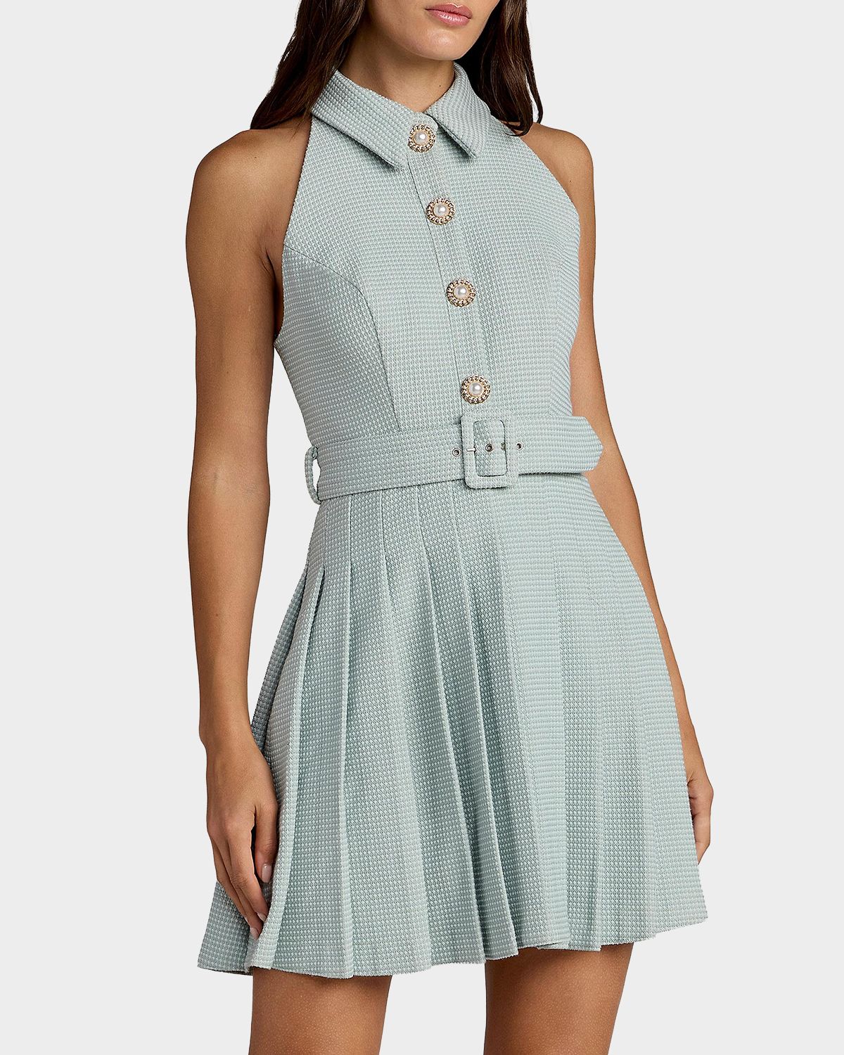 Mac Duggal Bouclé Pleated Button-Front Minidress