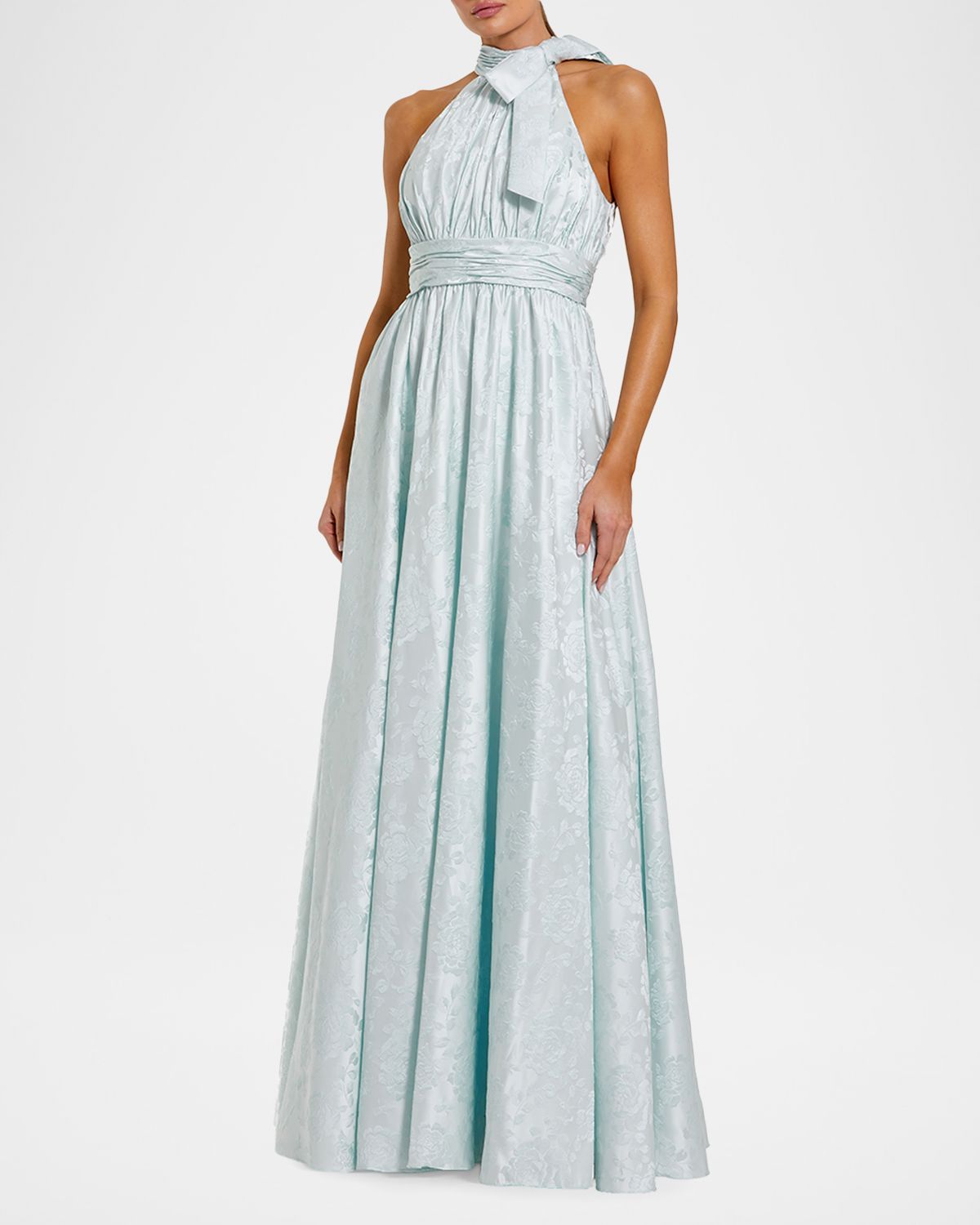 Mac Duggal Bow-Embellished Floral Brocade Halter Gown