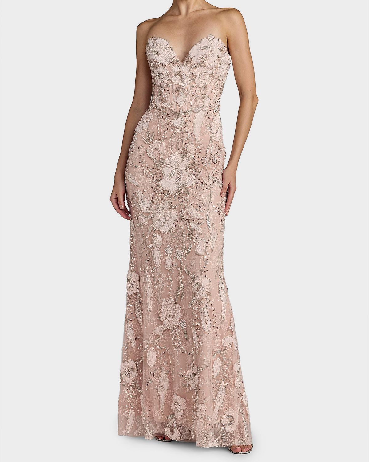 Mac Duggal Floral Embellished Mesh Strapless Column Gown