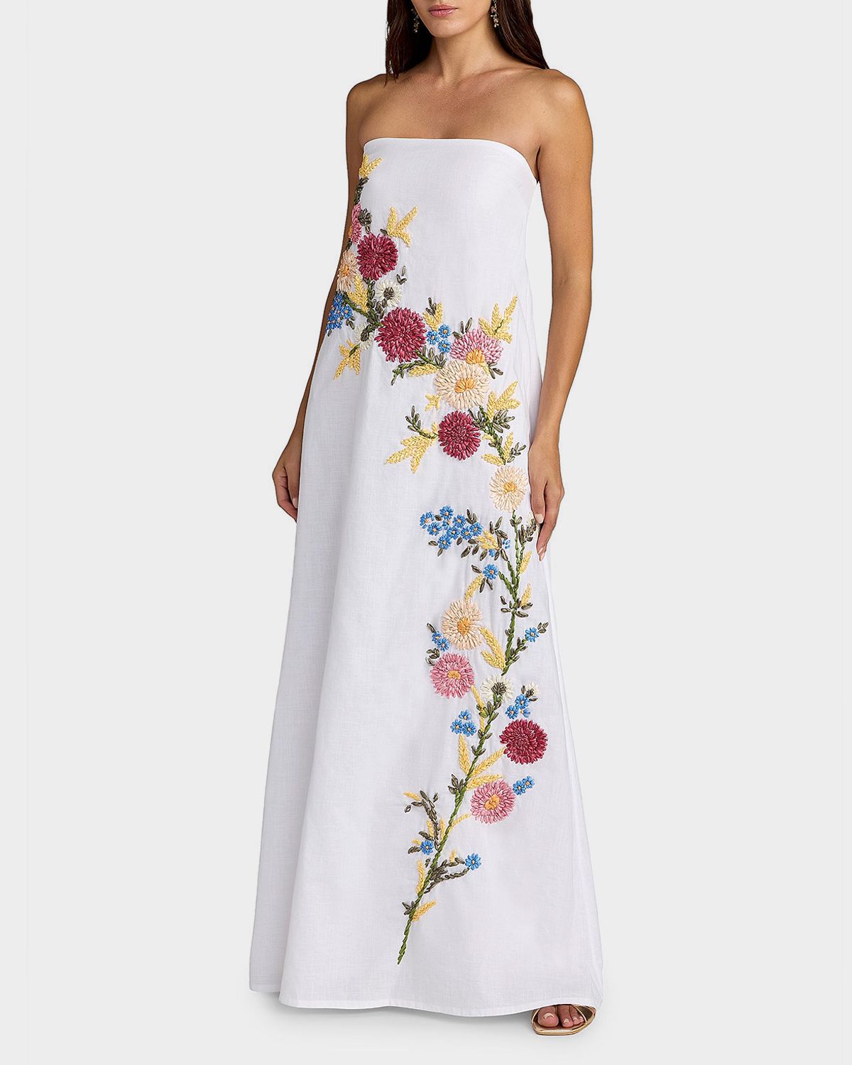 Mac Duggal Floral Embroidered Linen Strapless Trapeze Gown