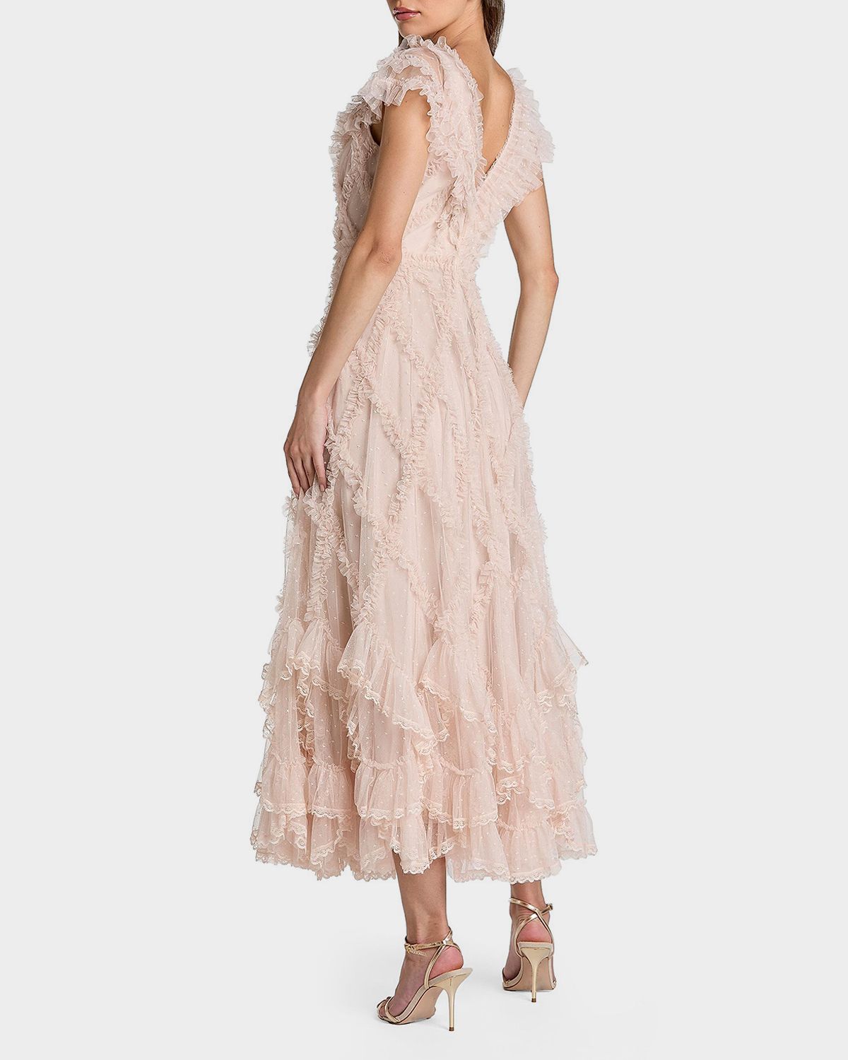 Mac Duggal Mesh Ruffled V-Neck Midi-Dress