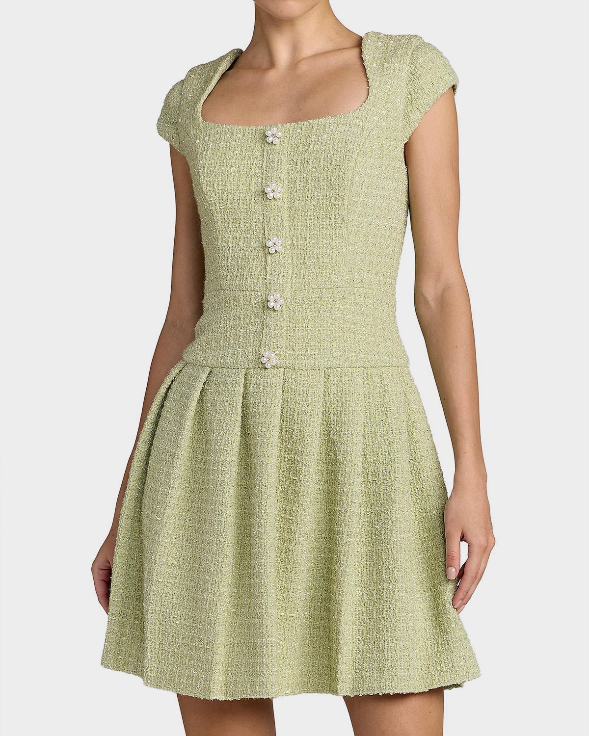 Mac Duggal Bouclé Pleated Square-Neck Minidress