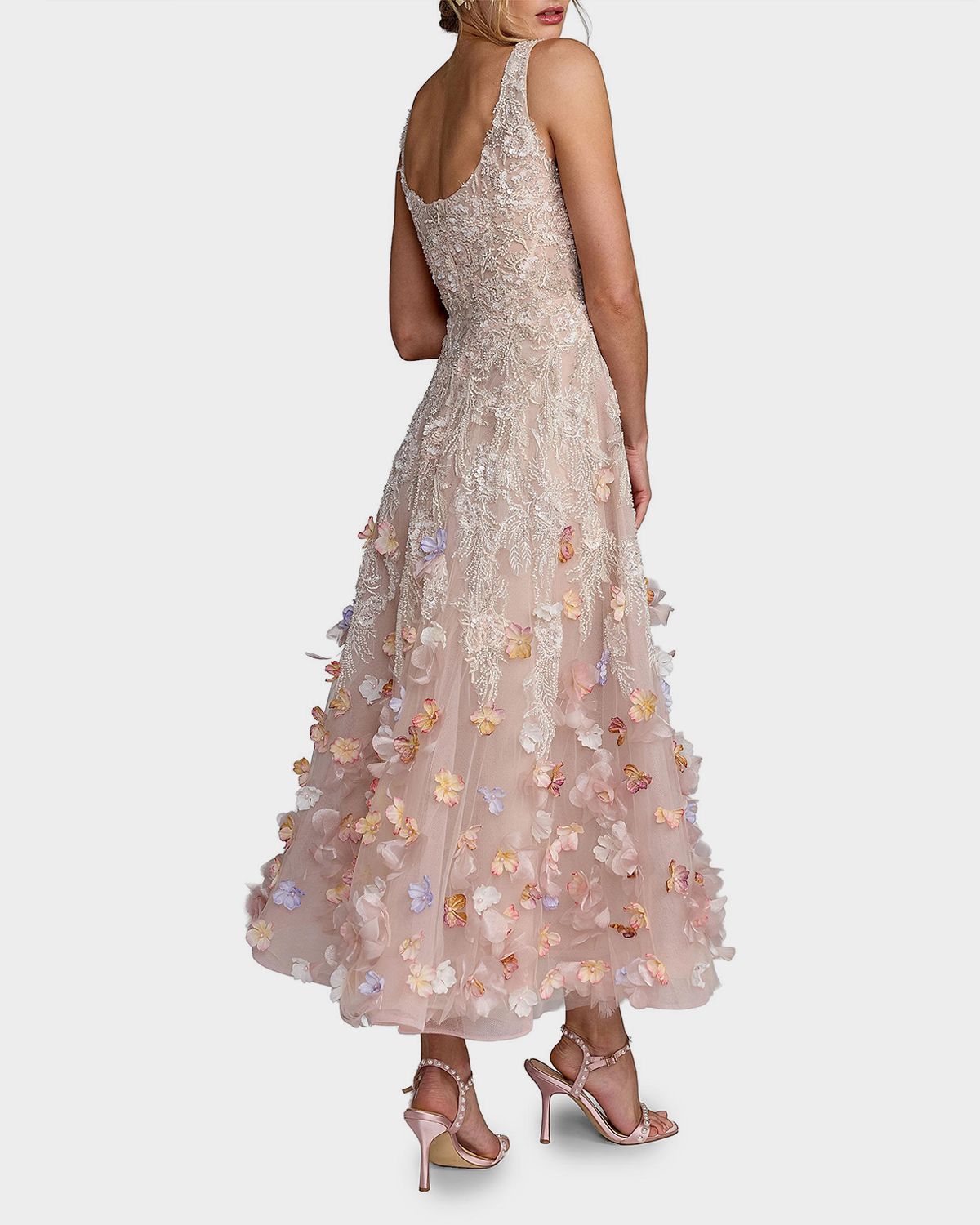 Mac Duggal Beaded Floral Applique Midi Dress