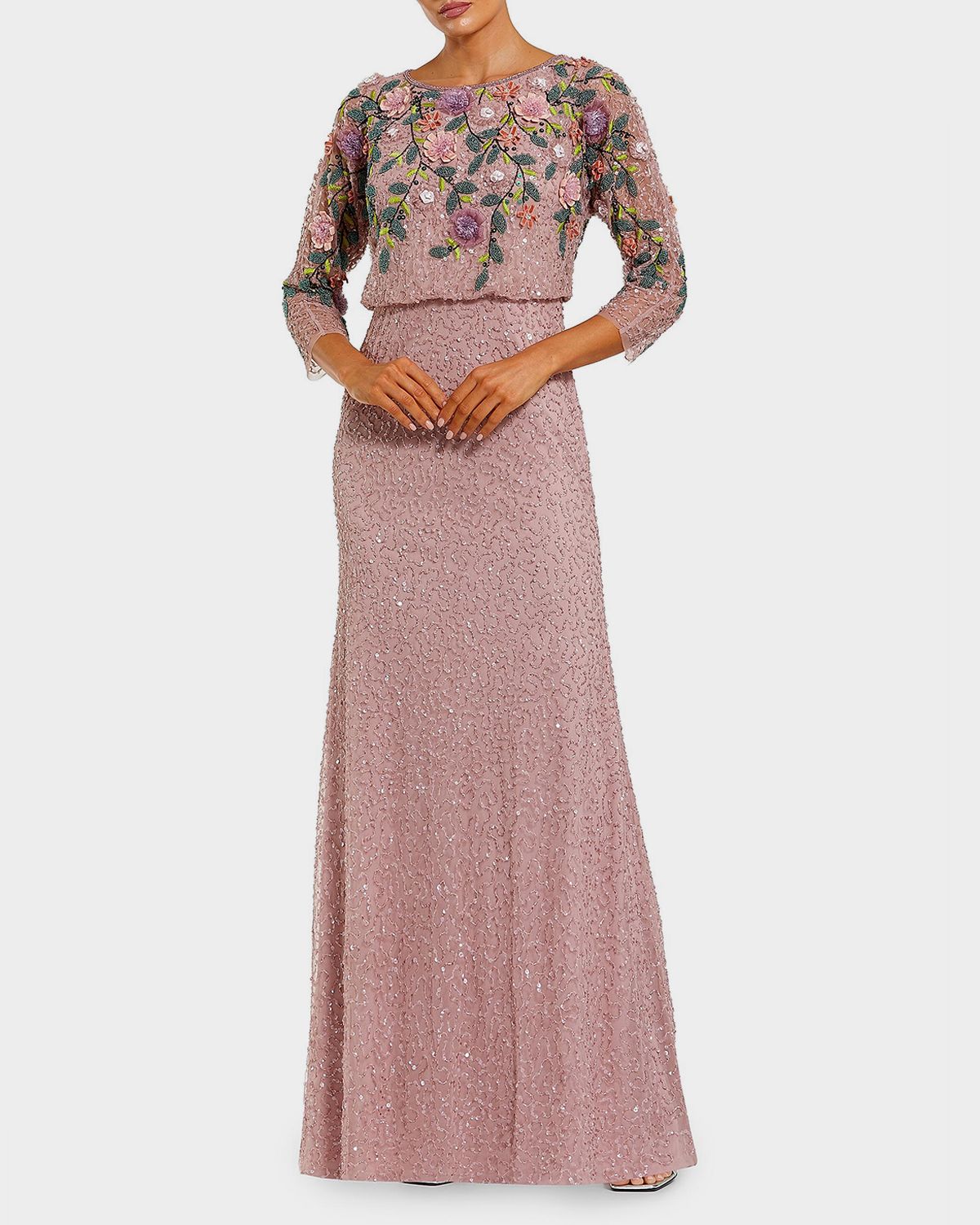 Mac Duggal Floral Beaded Mesh Gown