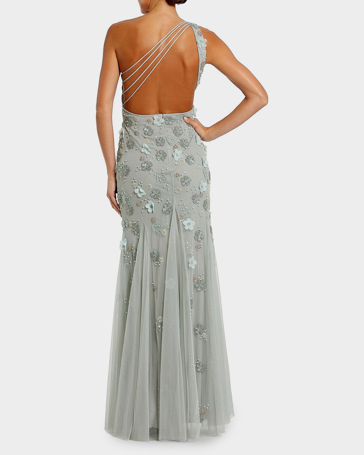 Mac Duggal Floral Appliqué One-Shoulder Gown