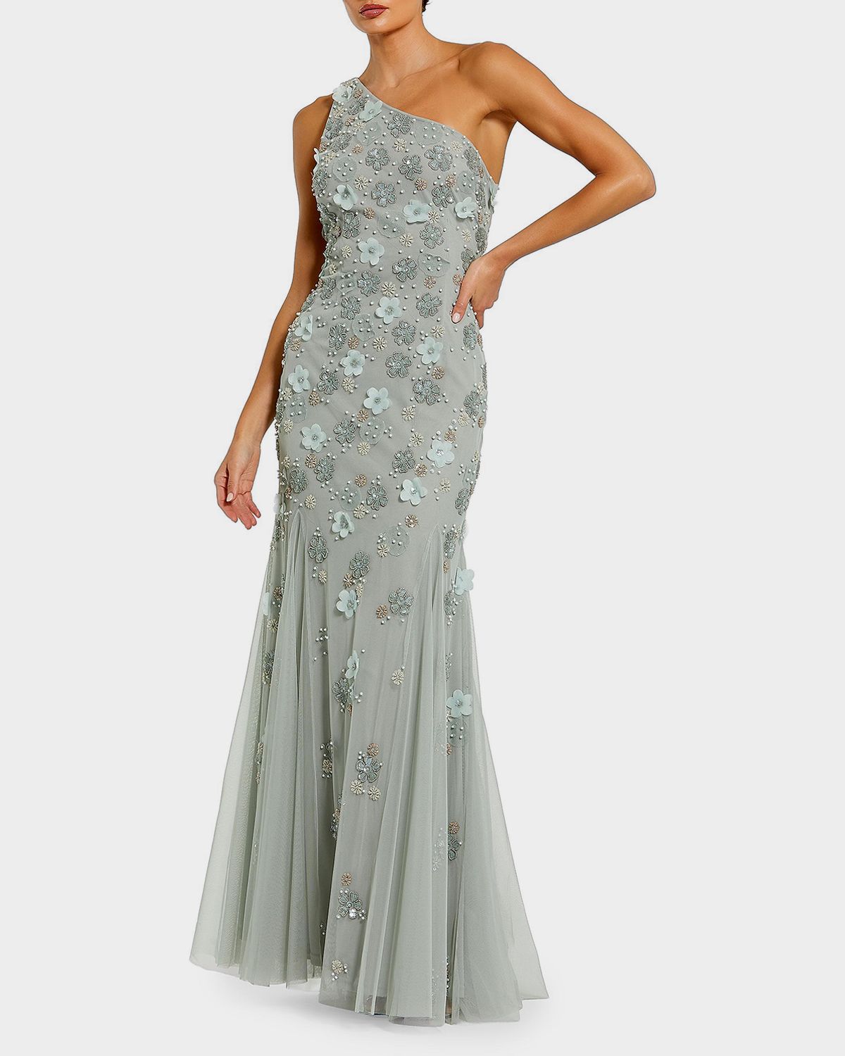 Mac Duggal Floral Appliqué One-Shoulder Gown