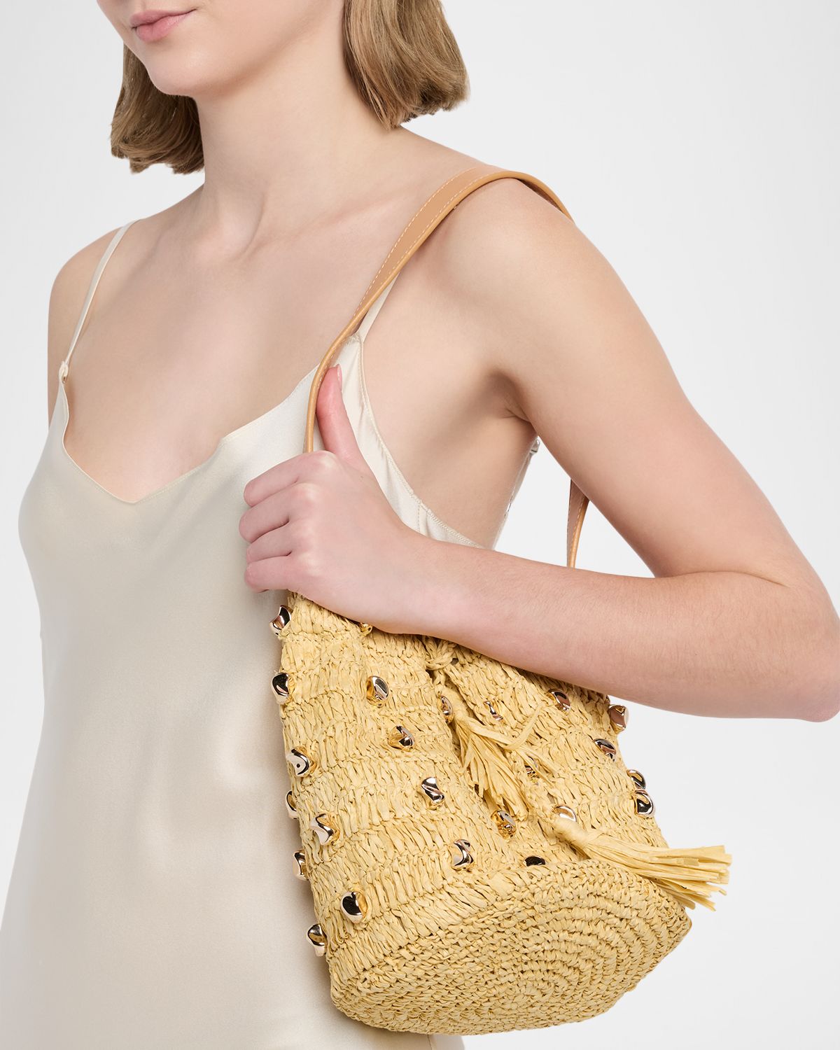 BTB Los Angeles Gaila Studded Raffia Bucket Bag