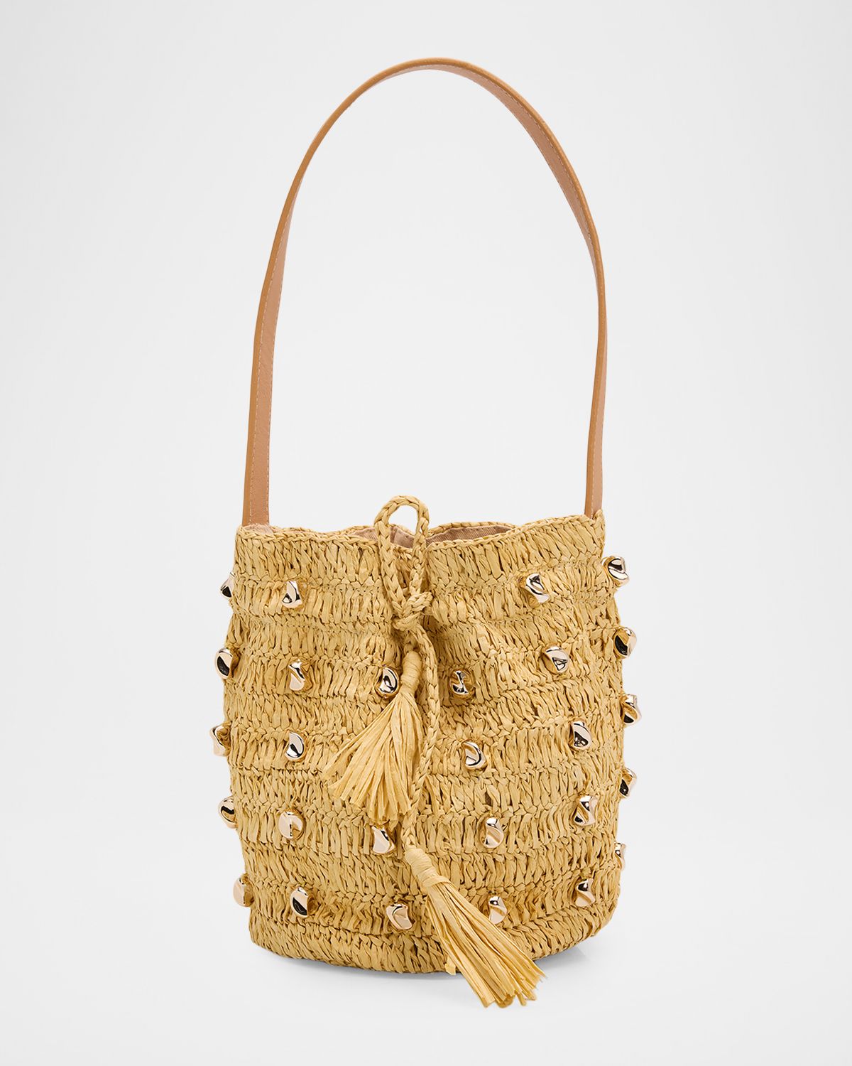 BTB Los Angeles Gaila Studded Raffia Bucket Bag
