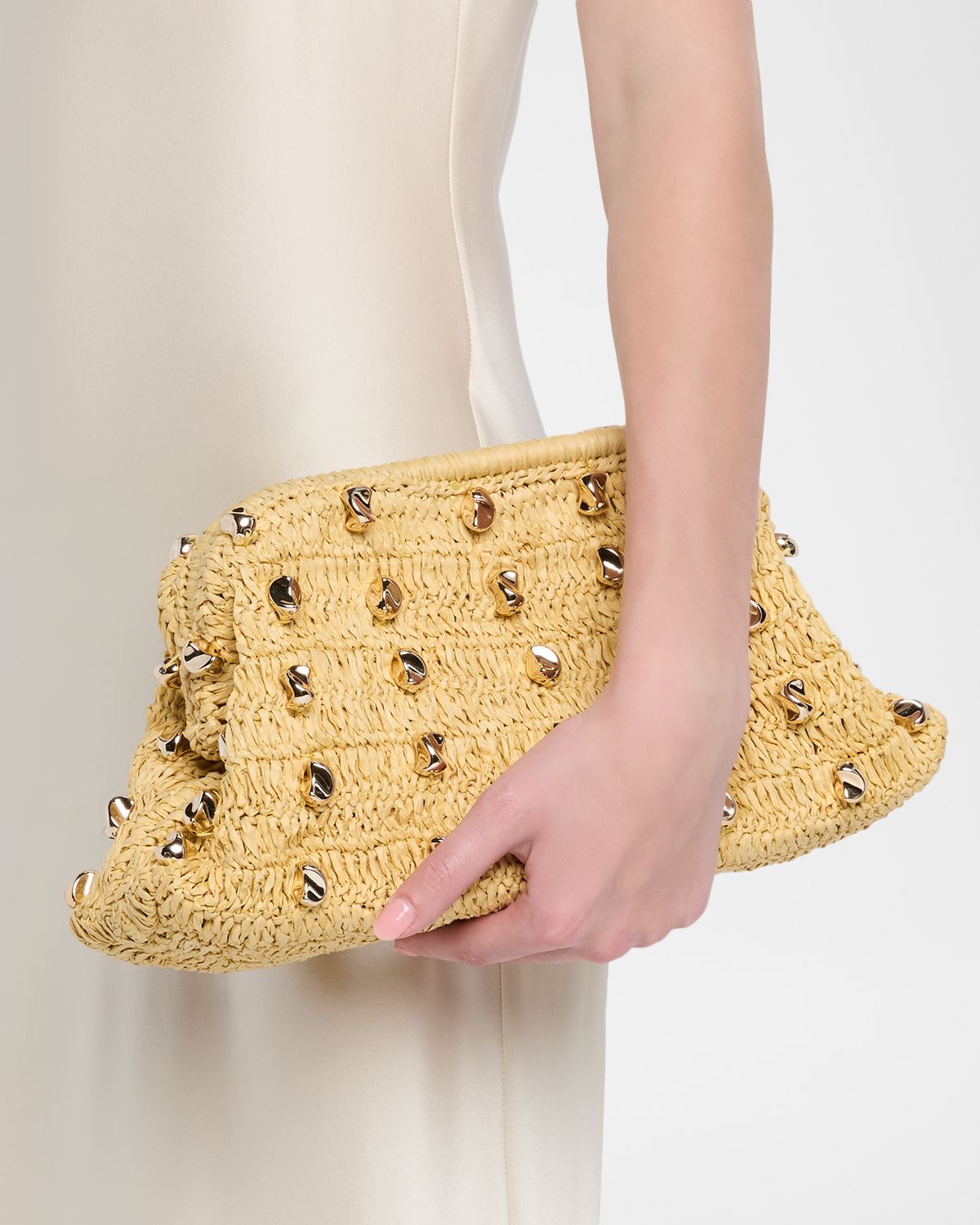 BTB Los Angeles Gaila Studded Raffia Clutch Bag