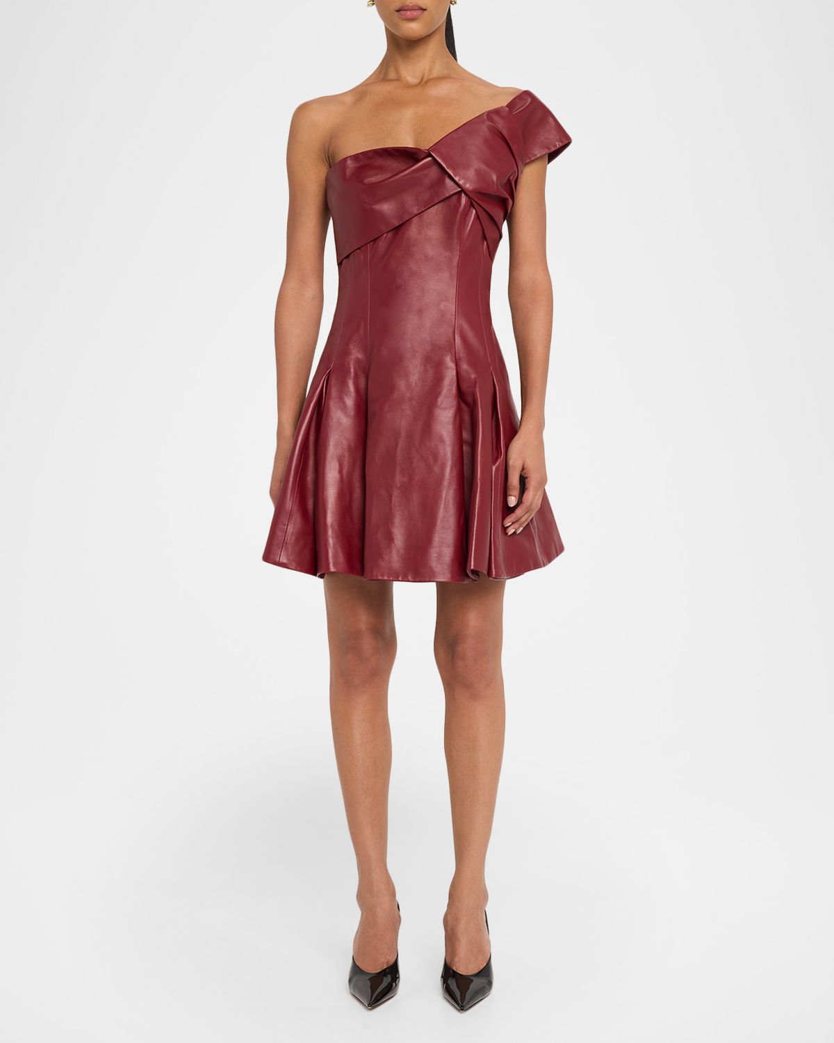 Balmain One-Shlouder Pleated Leather Mini Dress