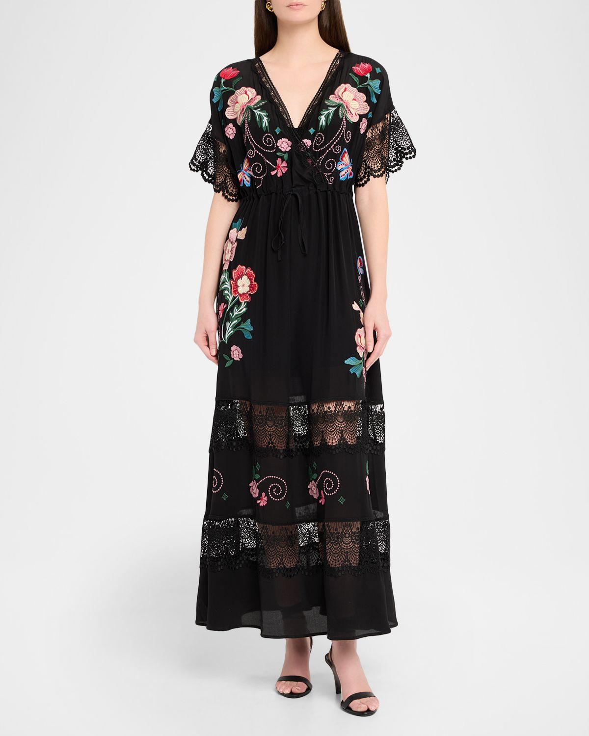 Johnny Was Amapola Embroidered Lace-Trim Maxi Dress