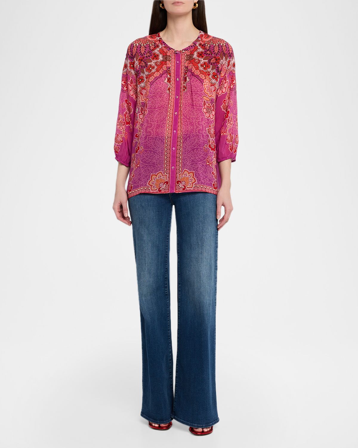 Johnny Was Franceen Lightweight Scarf-Print Shirt