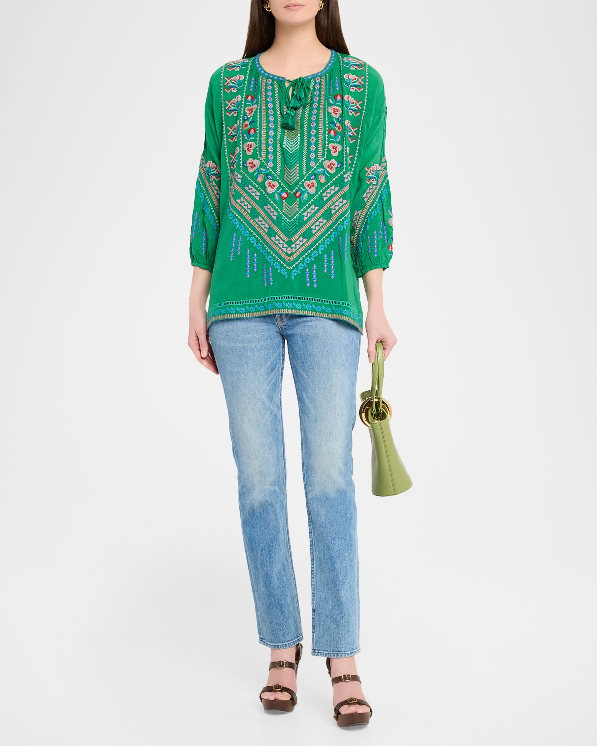 Johnny Was Margot Embroidered Tie-Neck Blouse