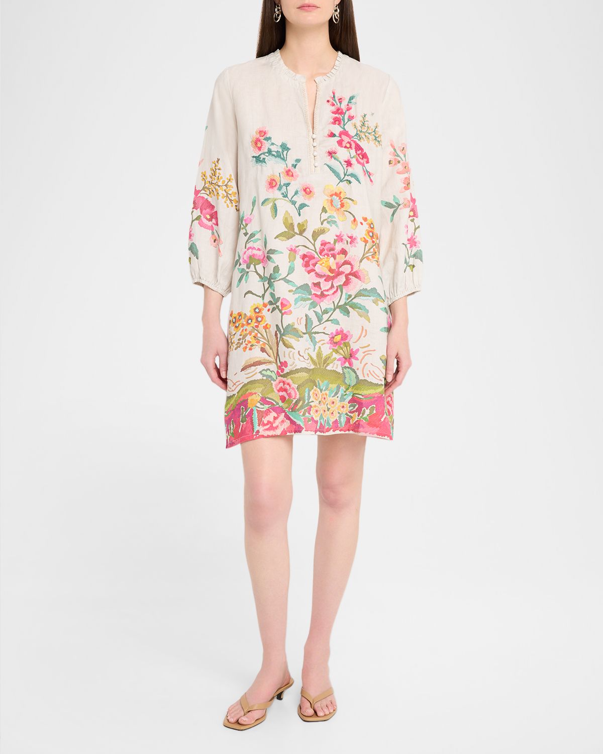 Johnny Was Floral-Embroidered Linen Mini Shift Dress