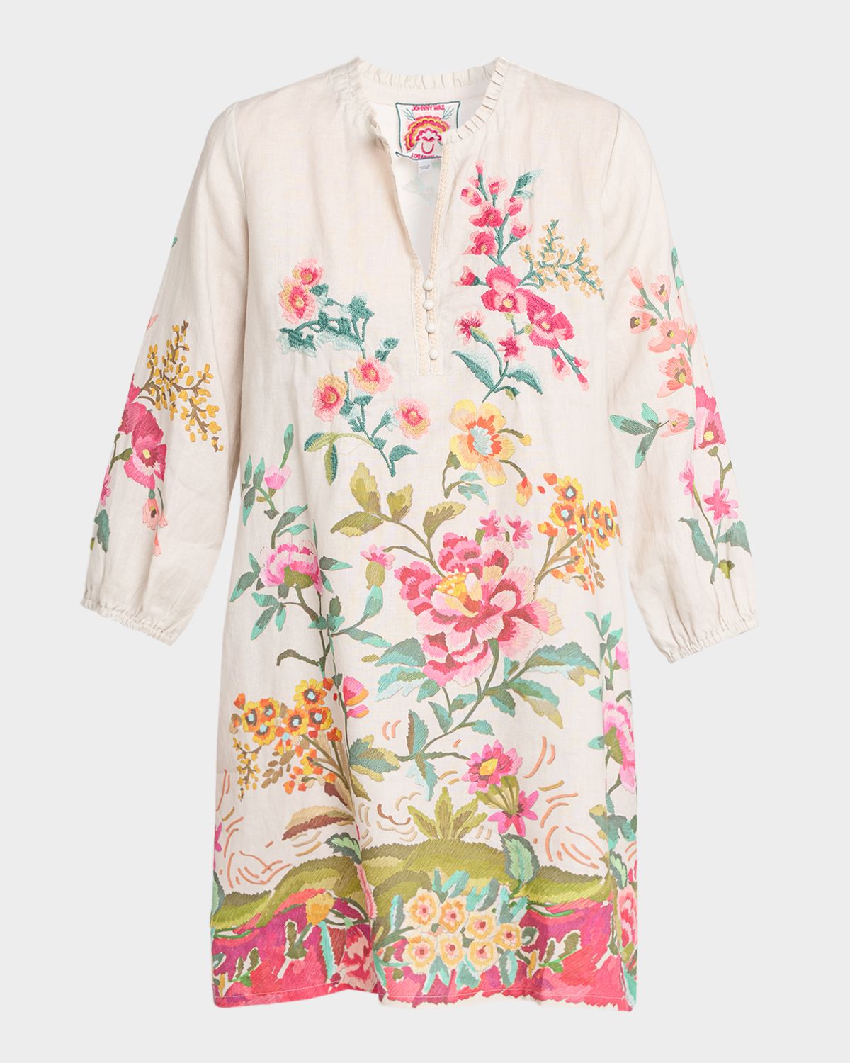 Johnny Was Floral-Embroidered Linen Mini Shift Dress