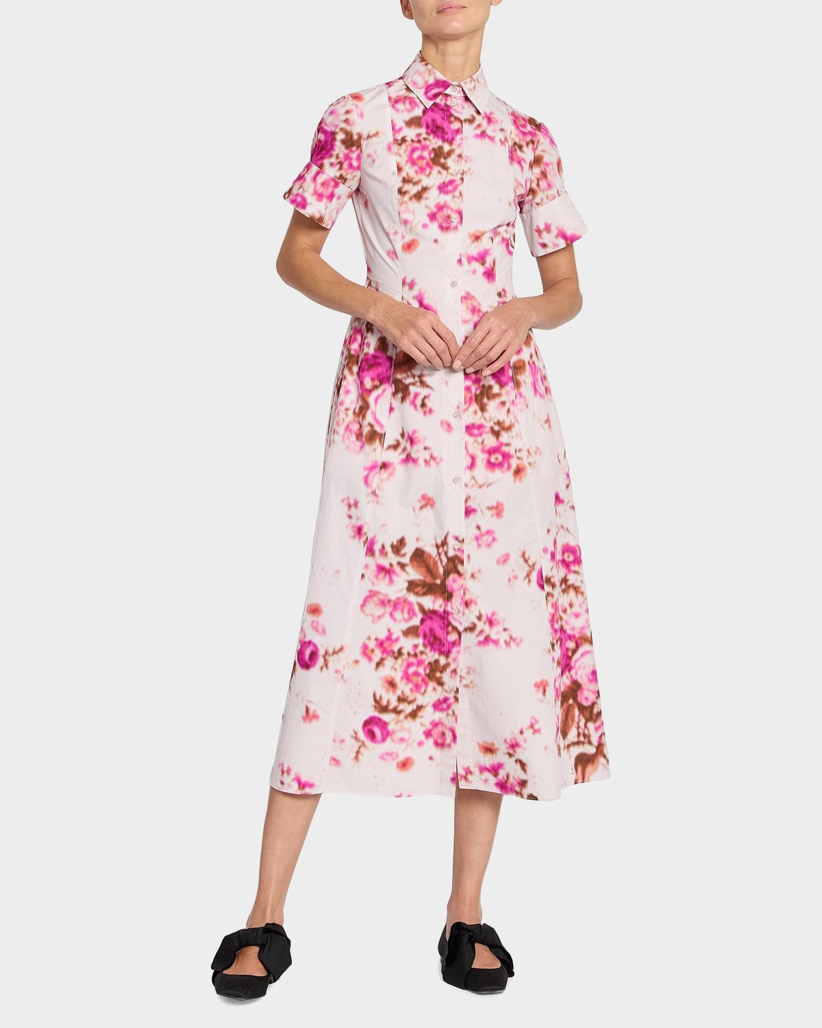 Erdem Short-Sleeve Blur Floral-Print Cotton Poplin Midi Shirtdress