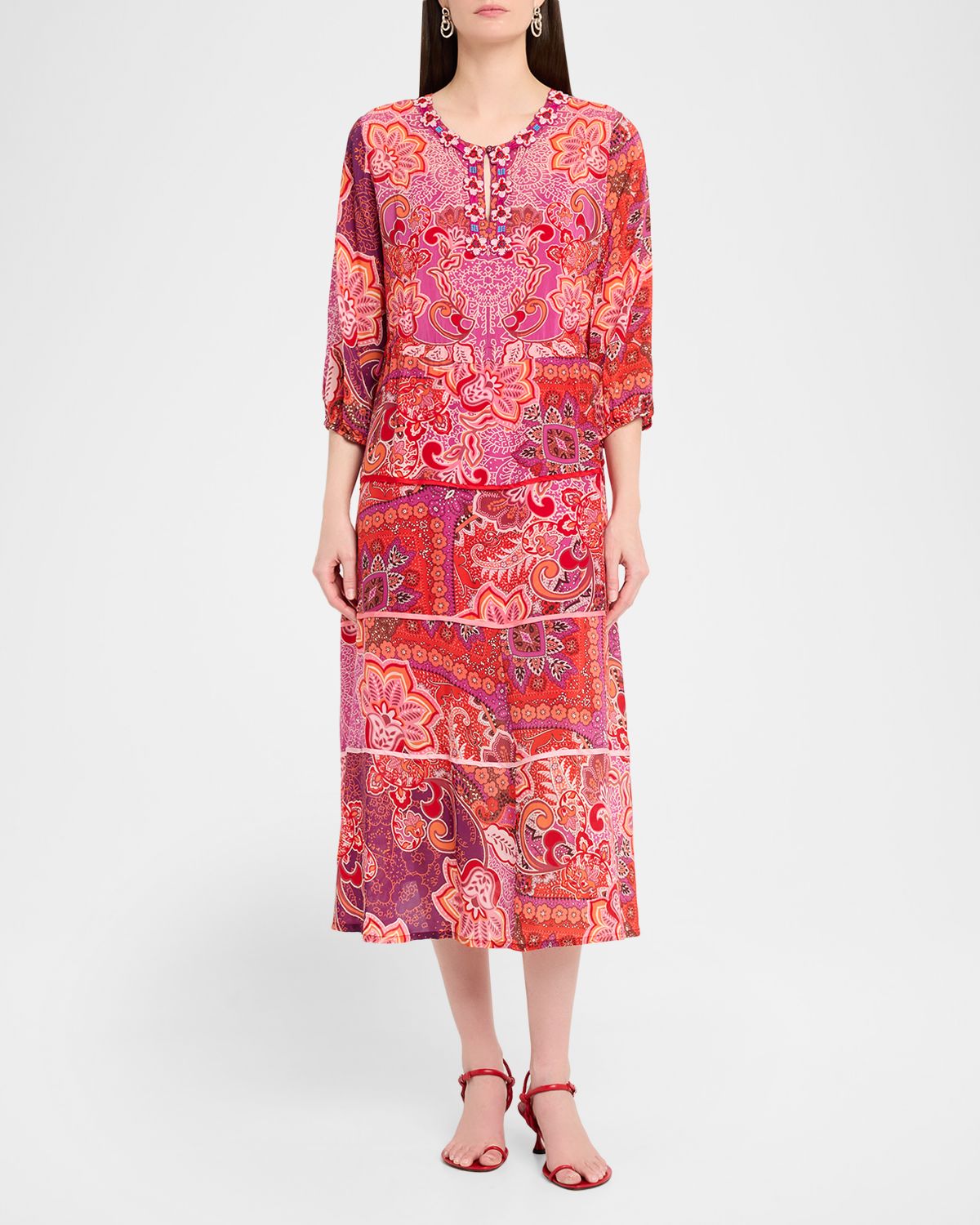 Johnny Was Beaded Floral-Print Midi Dress