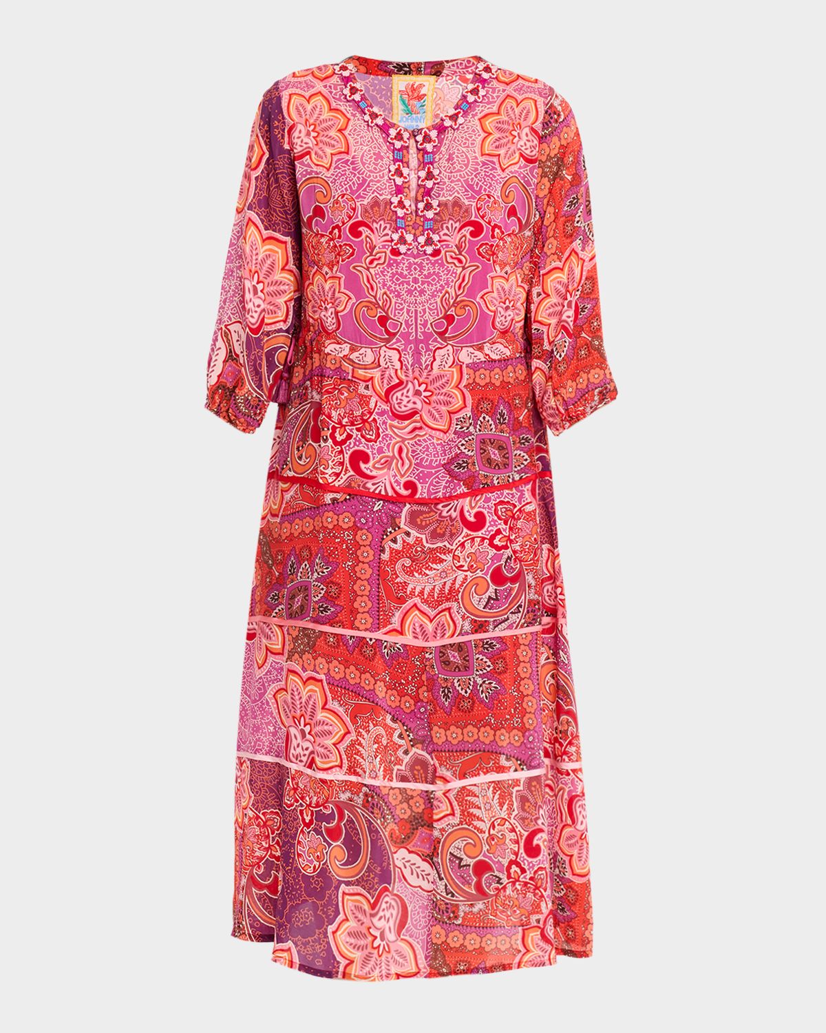 Johnny Was Beaded Floral-Print Midi Dress