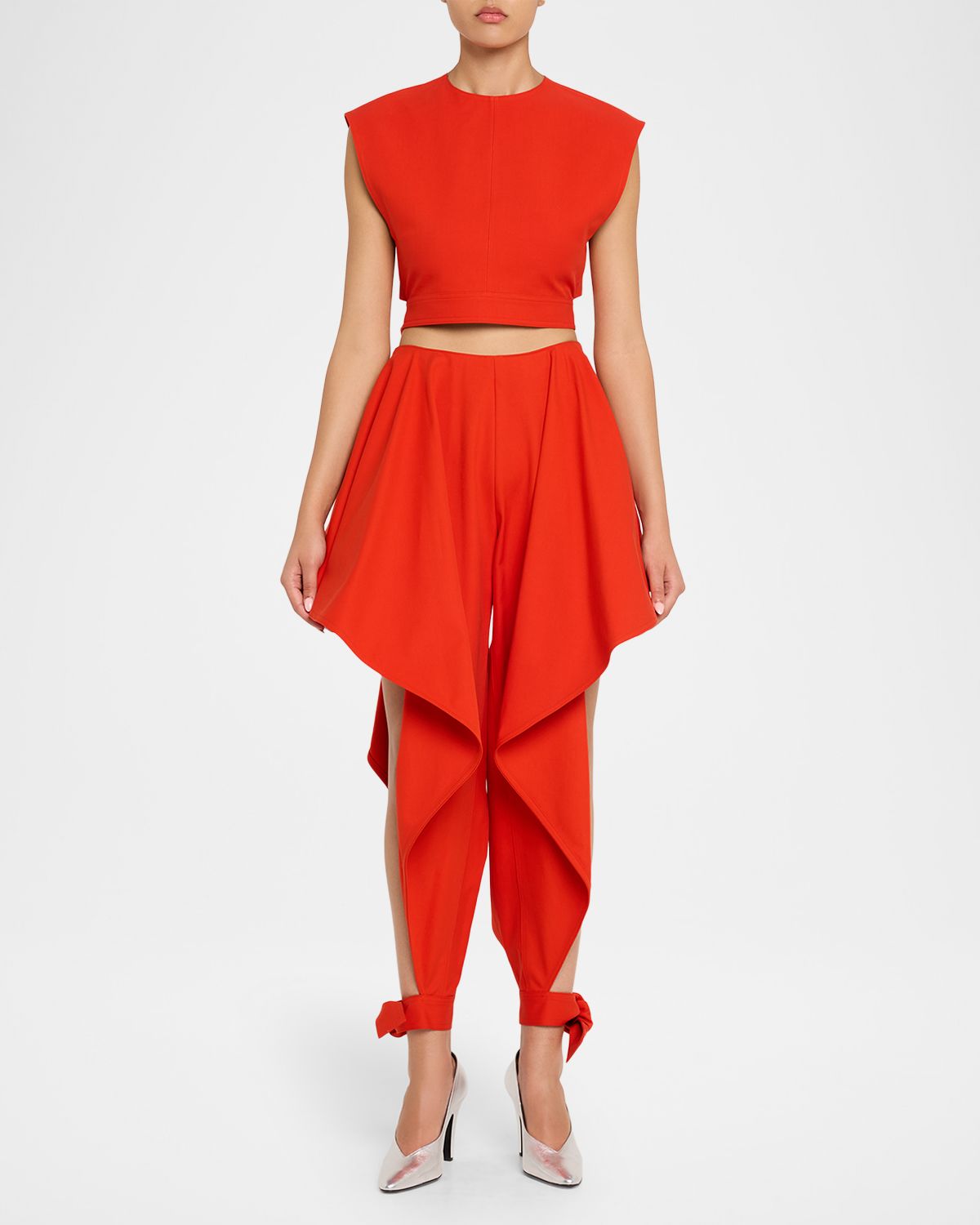 ALAIA Cotton Gabardine Ruffle Paneled Ankle-Tie Pants