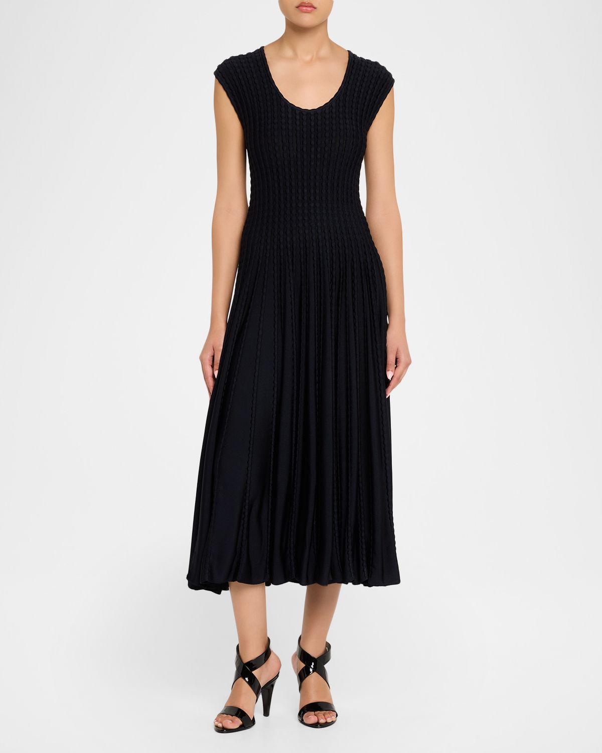 ALAIA Sleeveless Flare Pleated Knit Midi Dress