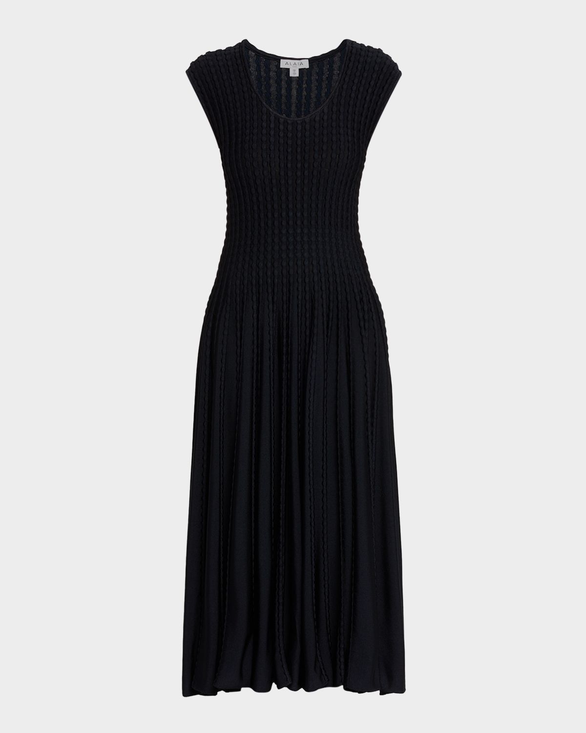 ALAIA Sleeveless Flare Pleated Knit Midi Dress