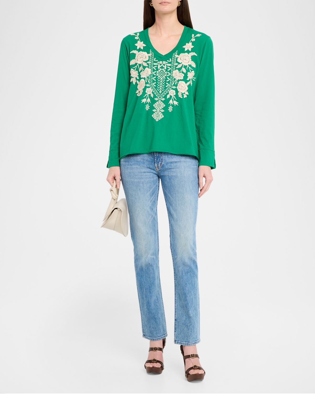 Johnny Was Floral-Embroidered Tee