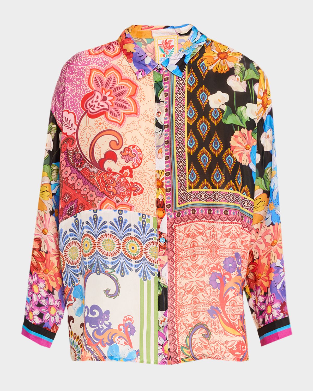 Johnny Was Audrey Patchwork Floral-Print Silk Shirt
