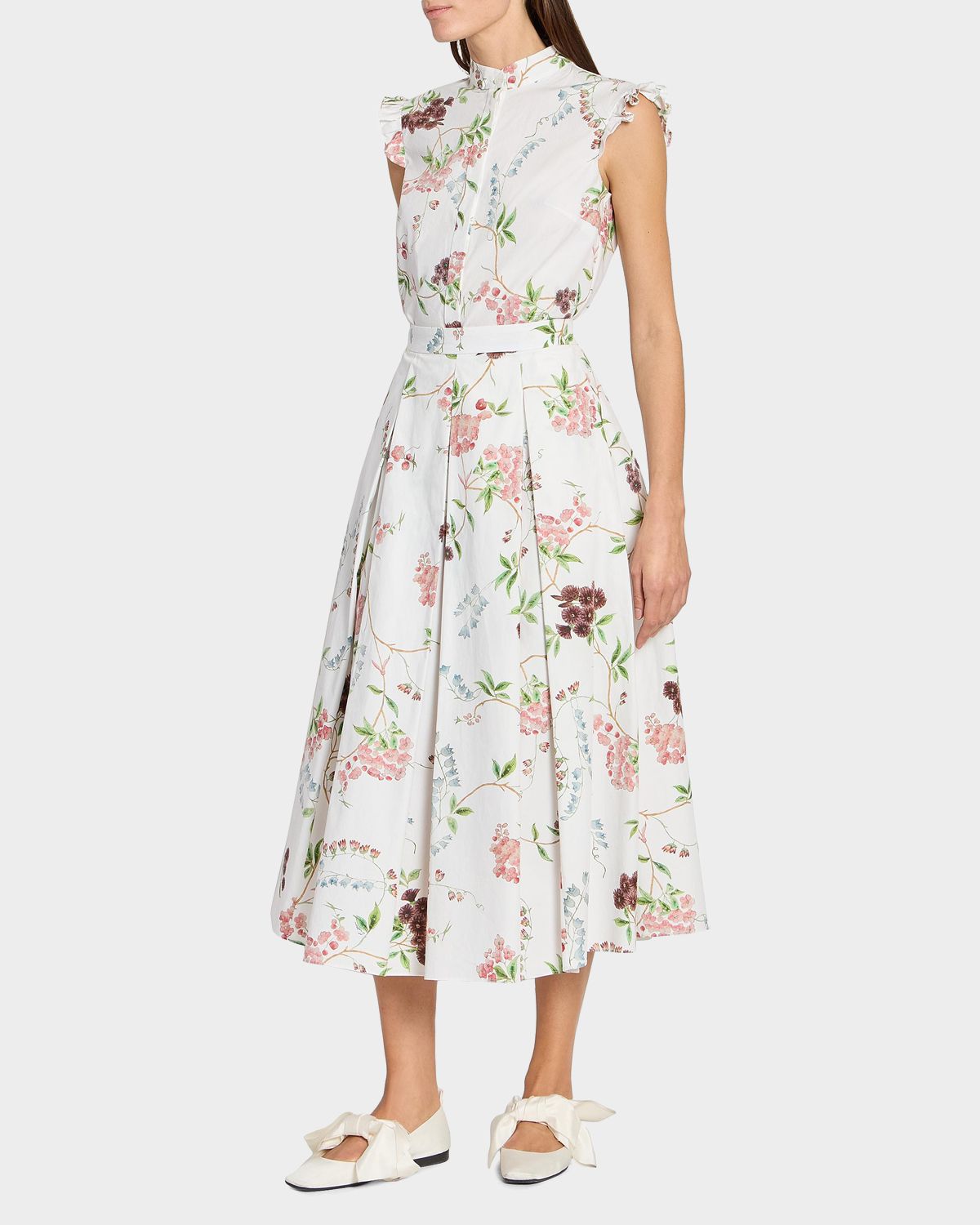 Erdem Floral Print Pleated Cotton Poplin Midi Skirt