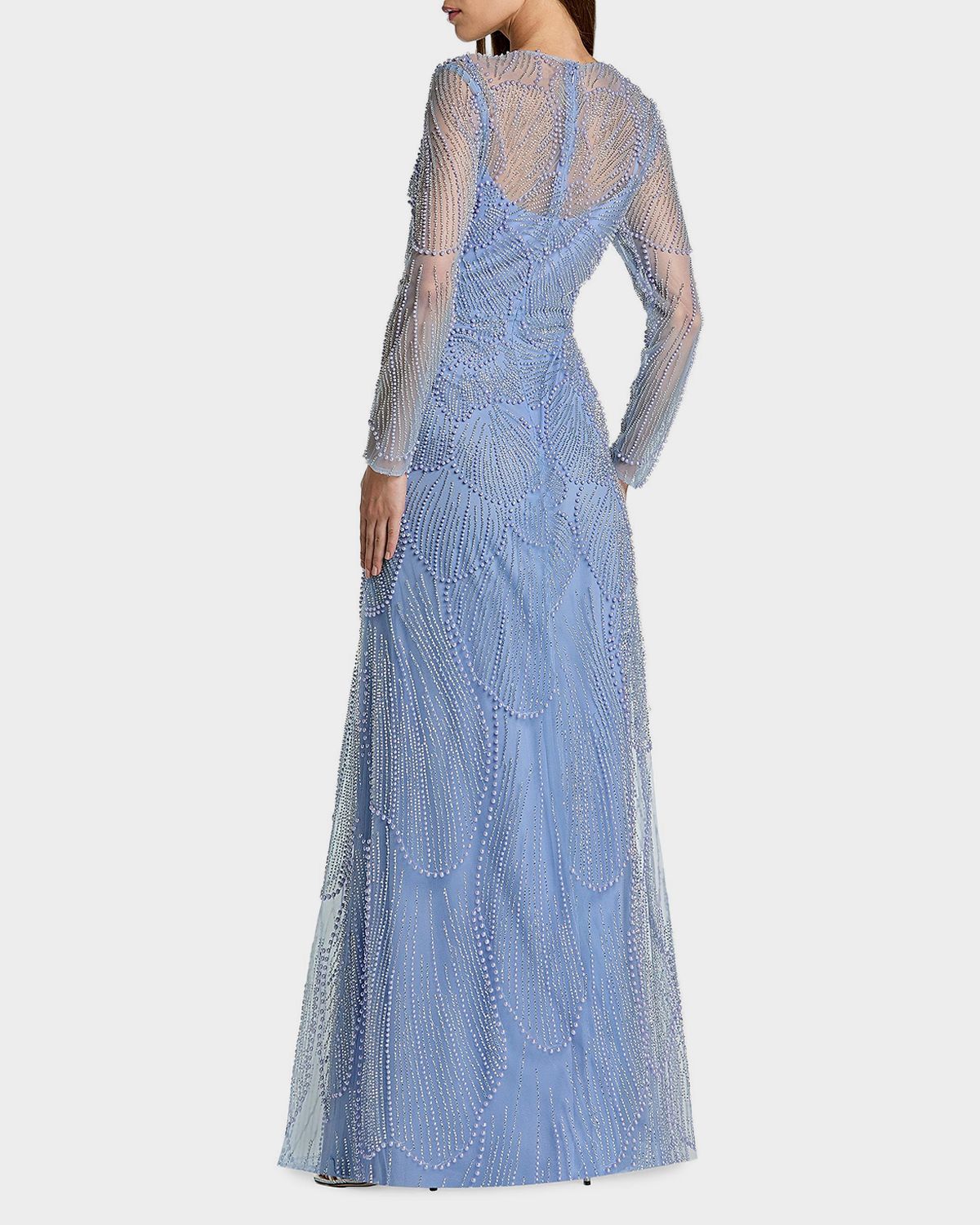 Mac Duggal Beaded Mesh Long-Sleeve A-Line Gown