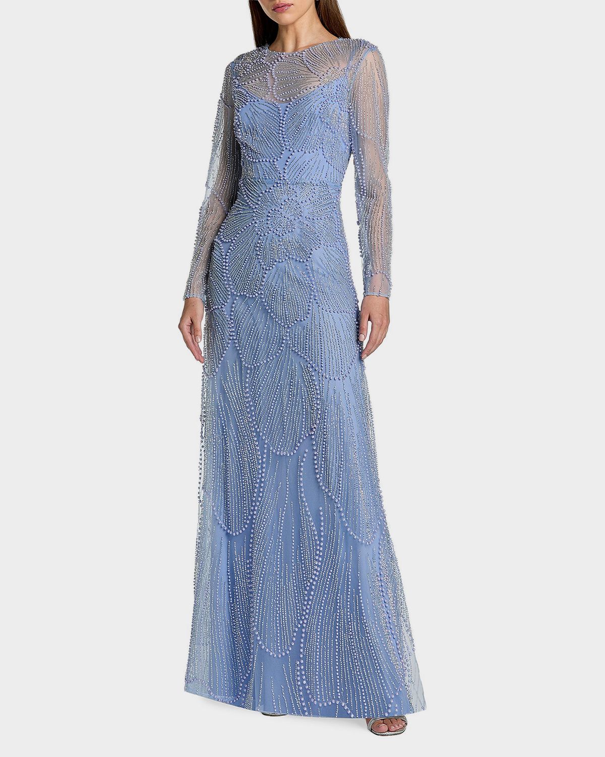 Mac Duggal Beaded Mesh Long-Sleeve A-Line Gown