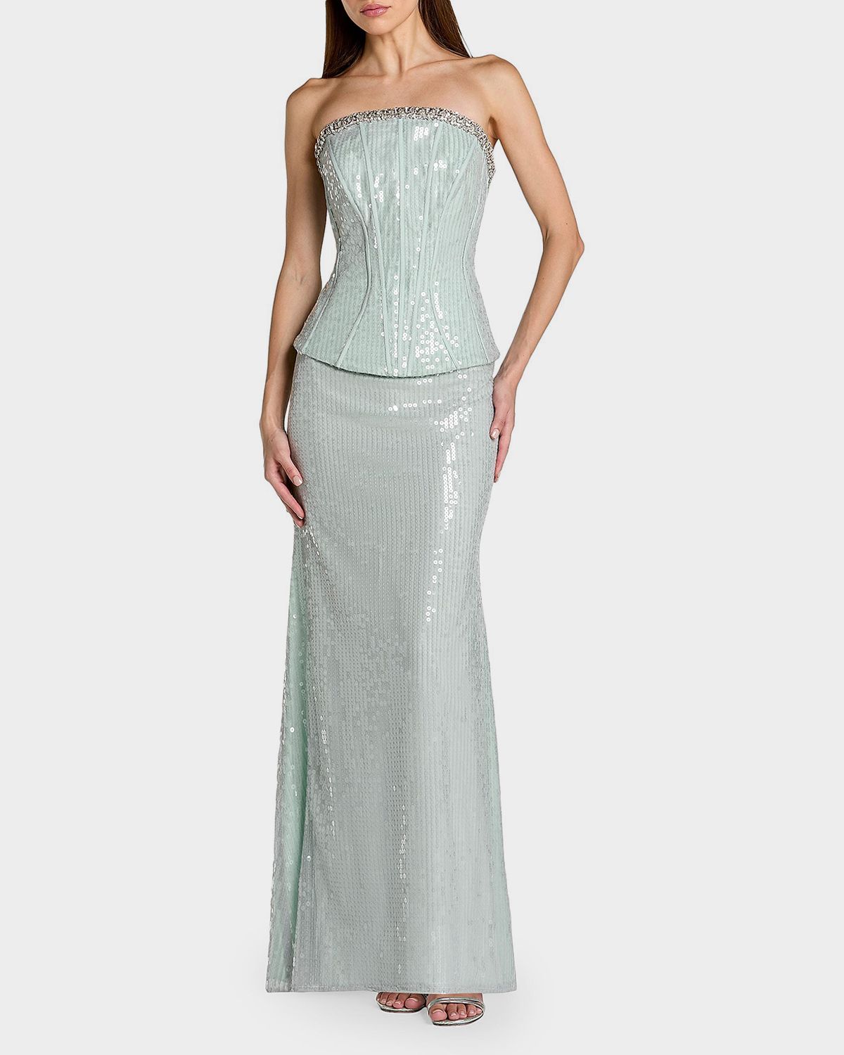Mac Duggal Sequined Peplum Strapless Gown