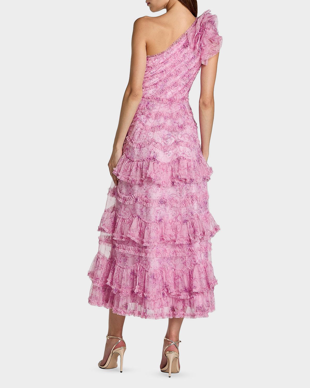Mac Duggal Baroque Mesh Ruffled One-Shoulder Midi-Dress