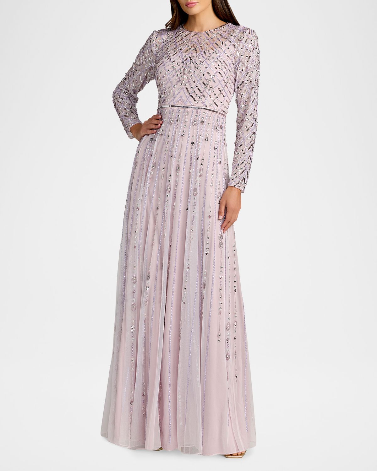 Mac Duggal Tulle Beaded Long-Sleeve A-Line Gown