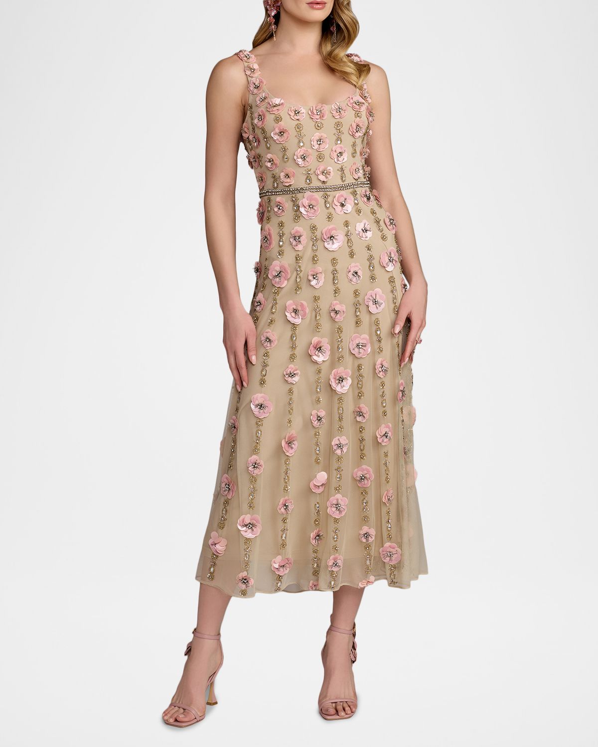 Mac Duggal 3D Floral-Embellished Midi-Dress