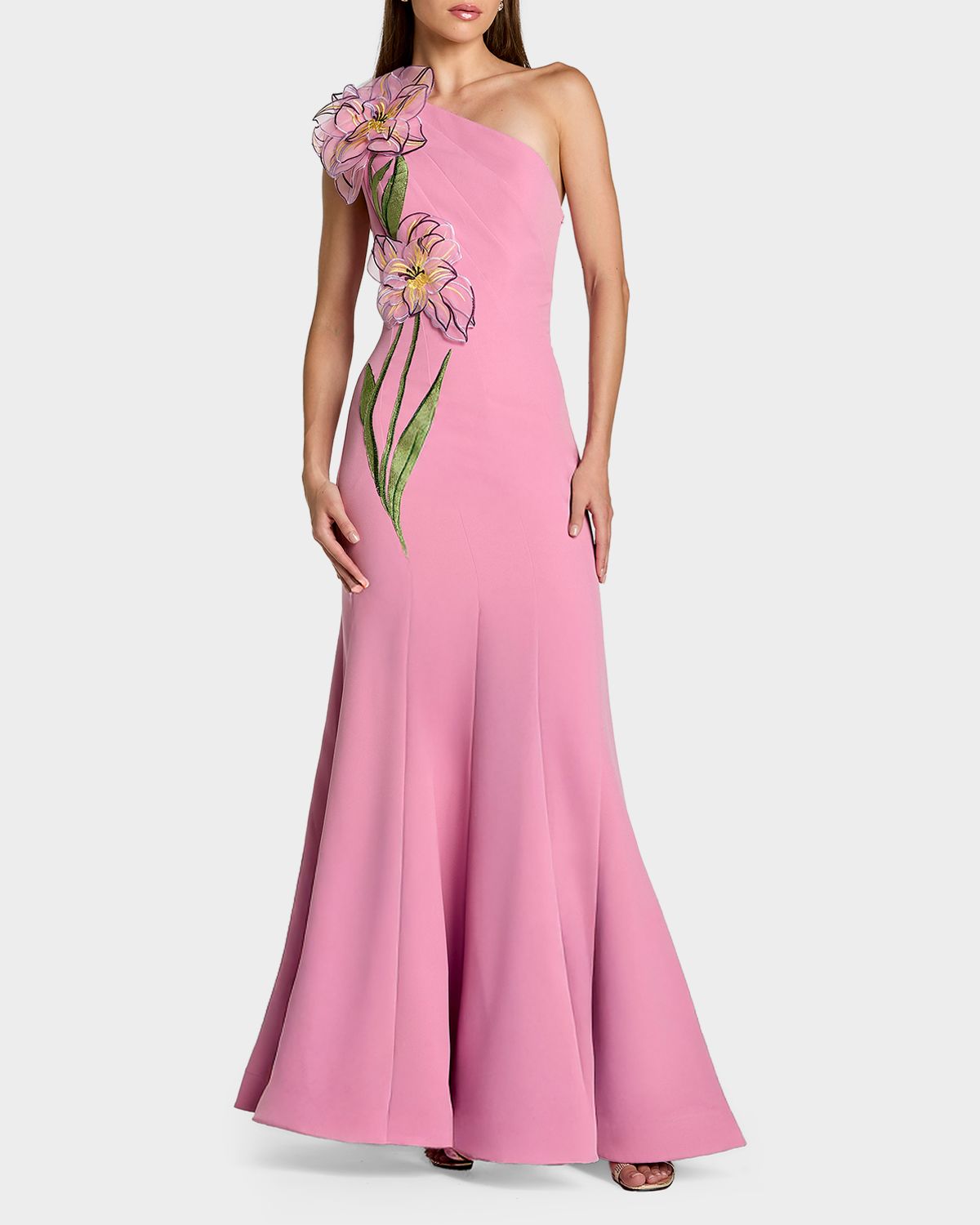 Mac Duggal Floral Appliqué One-Shoulder Gown