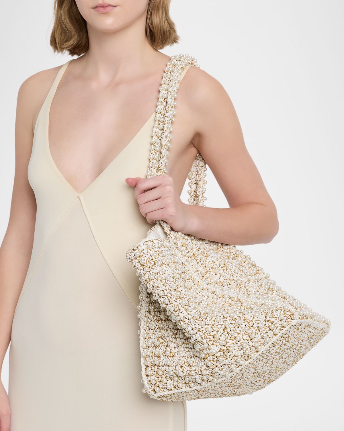 BTB Los Angeles Metallic Pearl-Embellished Raffia Tote Bag