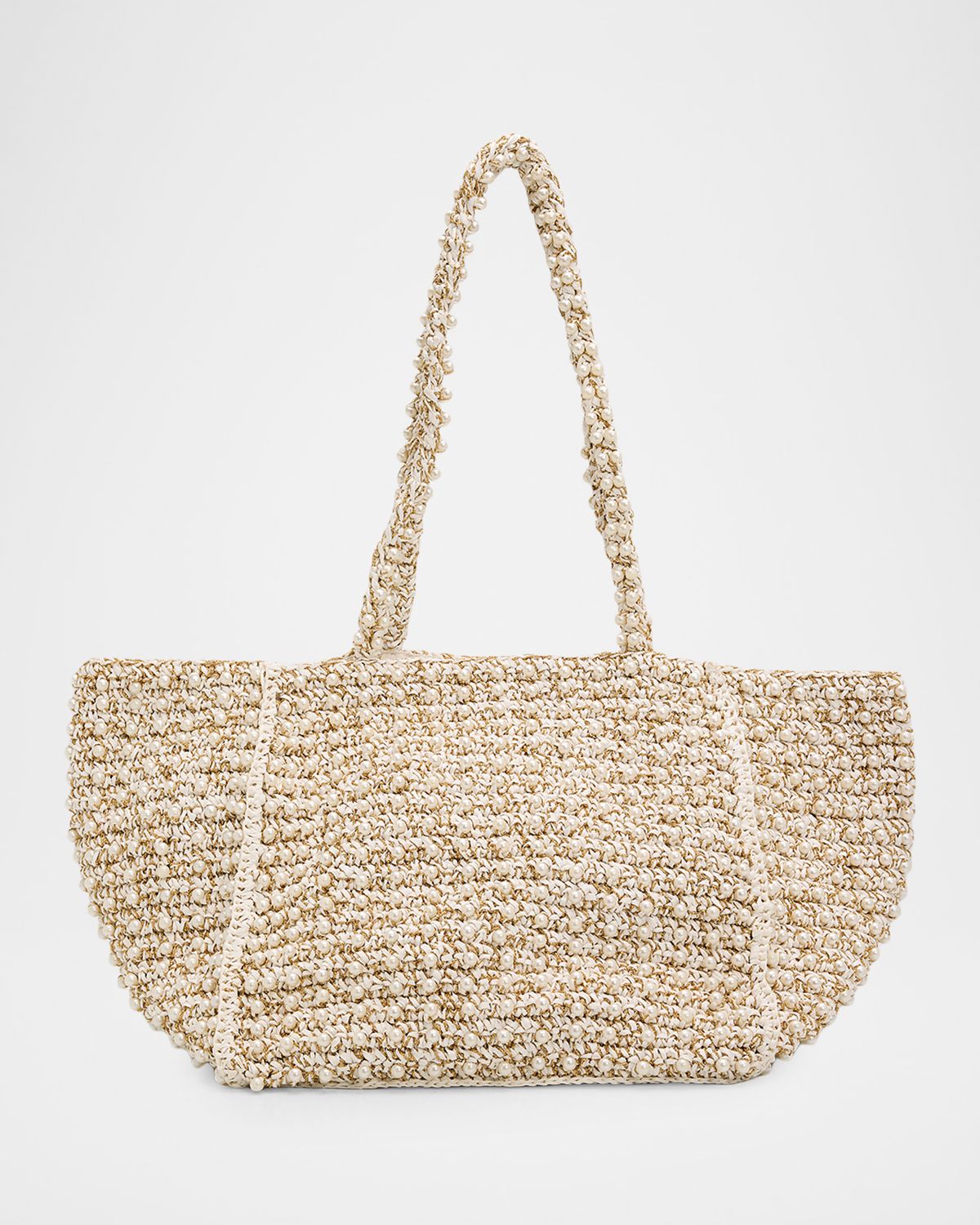 BTB Los Angeles Metallic Pearl-Embellished Raffia Tote Bag
