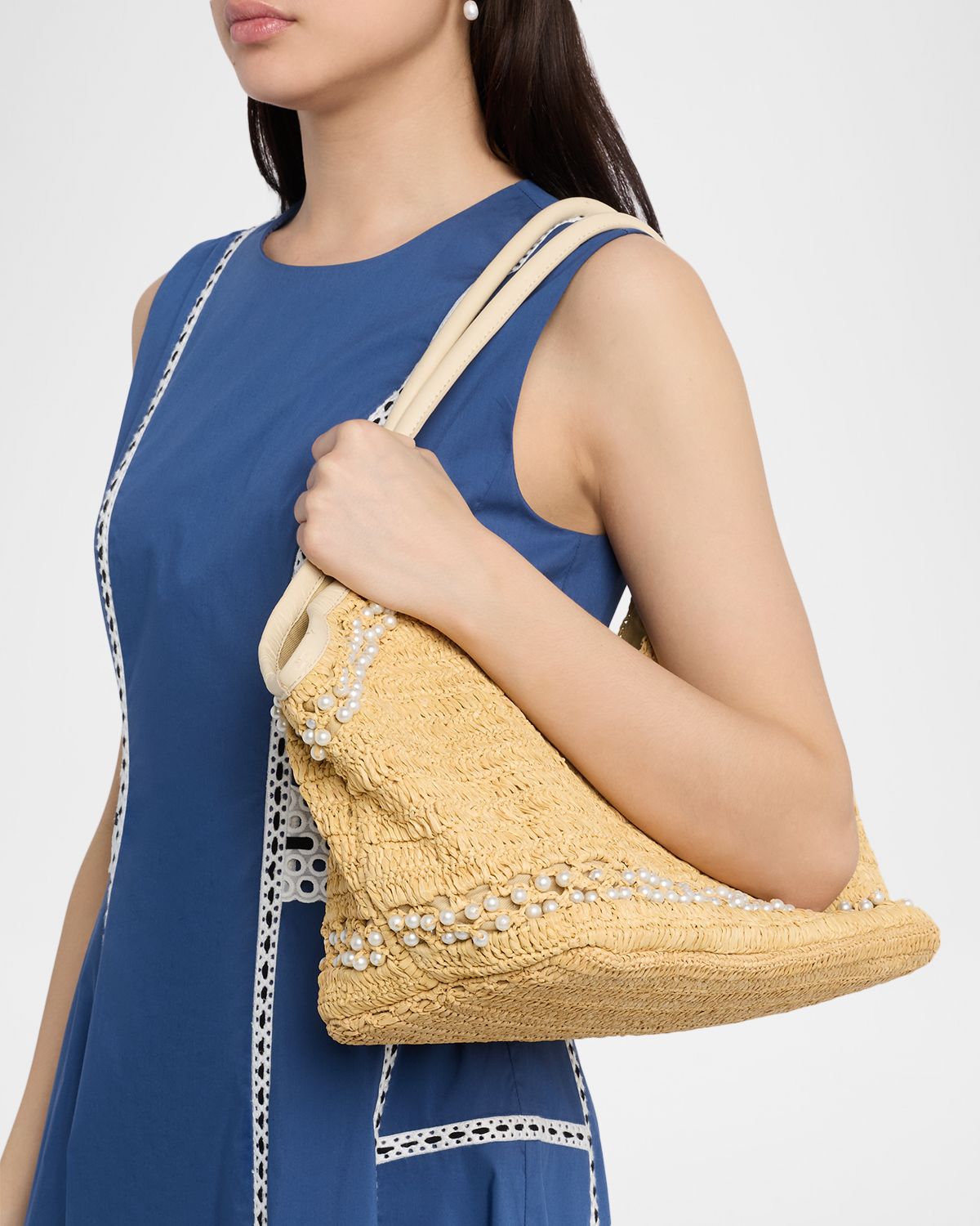 BTB Los Angeles Brandie Pearly-Trim Raffia Tote Bag